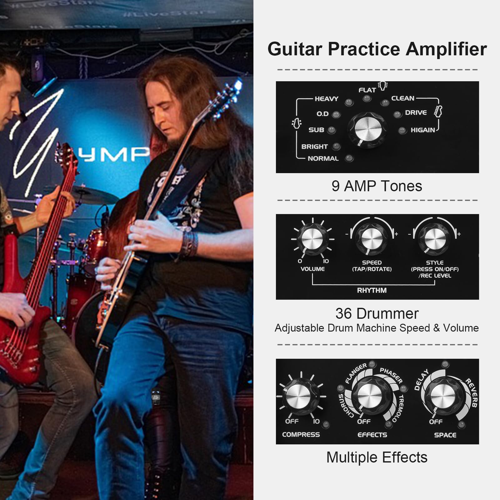 JOYO Combo amplificatore portatile per basso da 15 W, 9 modelli di amplificatori + 6 modulazione FX + Looper e Drum Machine | Batteria ricaricabile | Modellazione digitale | per esercitazioni bassiste