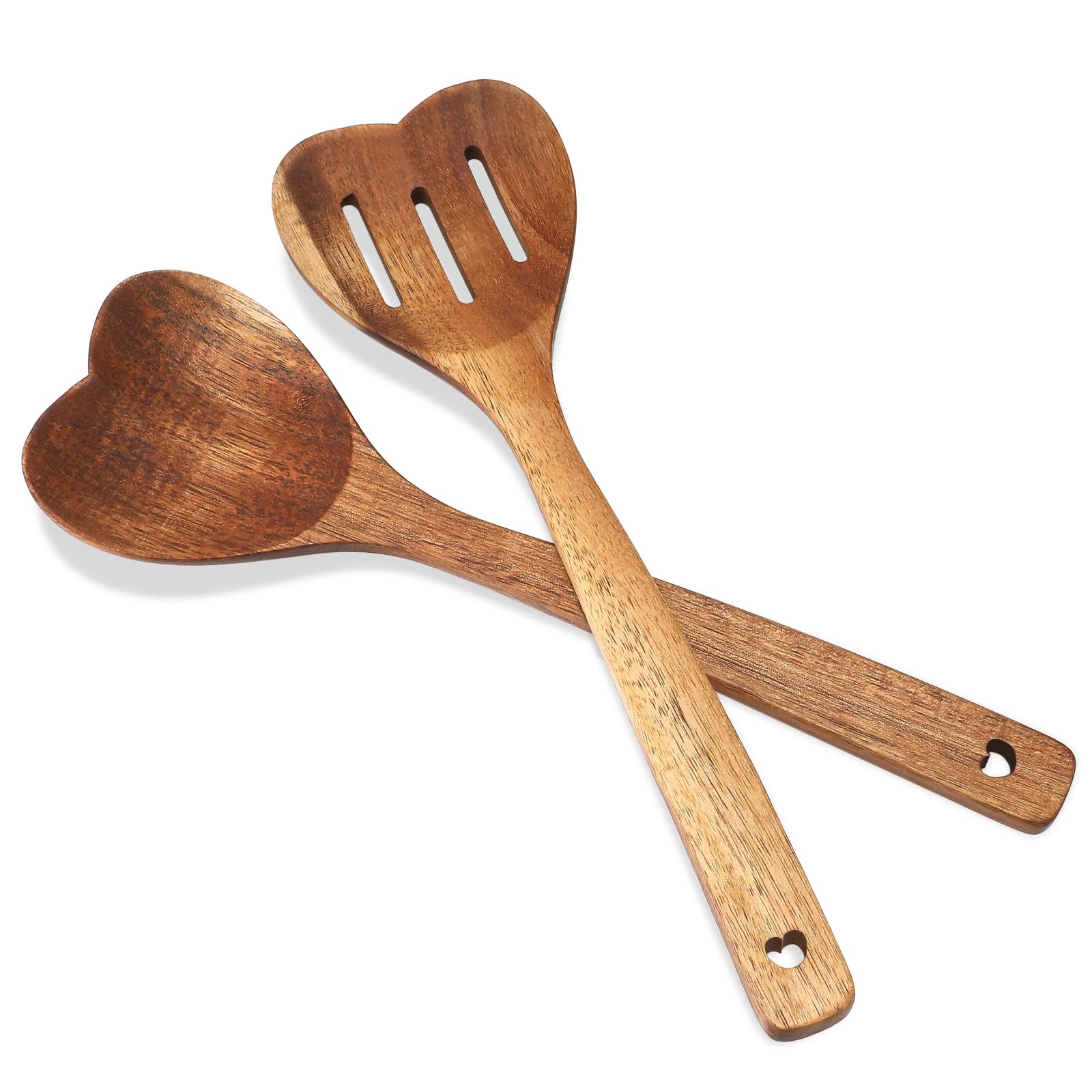 Cuchara de madera de acacia con mango largo y diseño artesanal de corazón, pack de 2