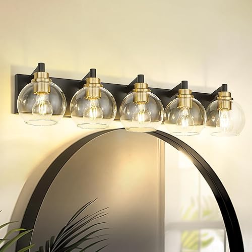 VL195-KG-5 - Lámpara de baño de 5 luces negras y doradas, apliques de pared modernos de 32 pulgadas con pantalla de vidrio transparente de globo,