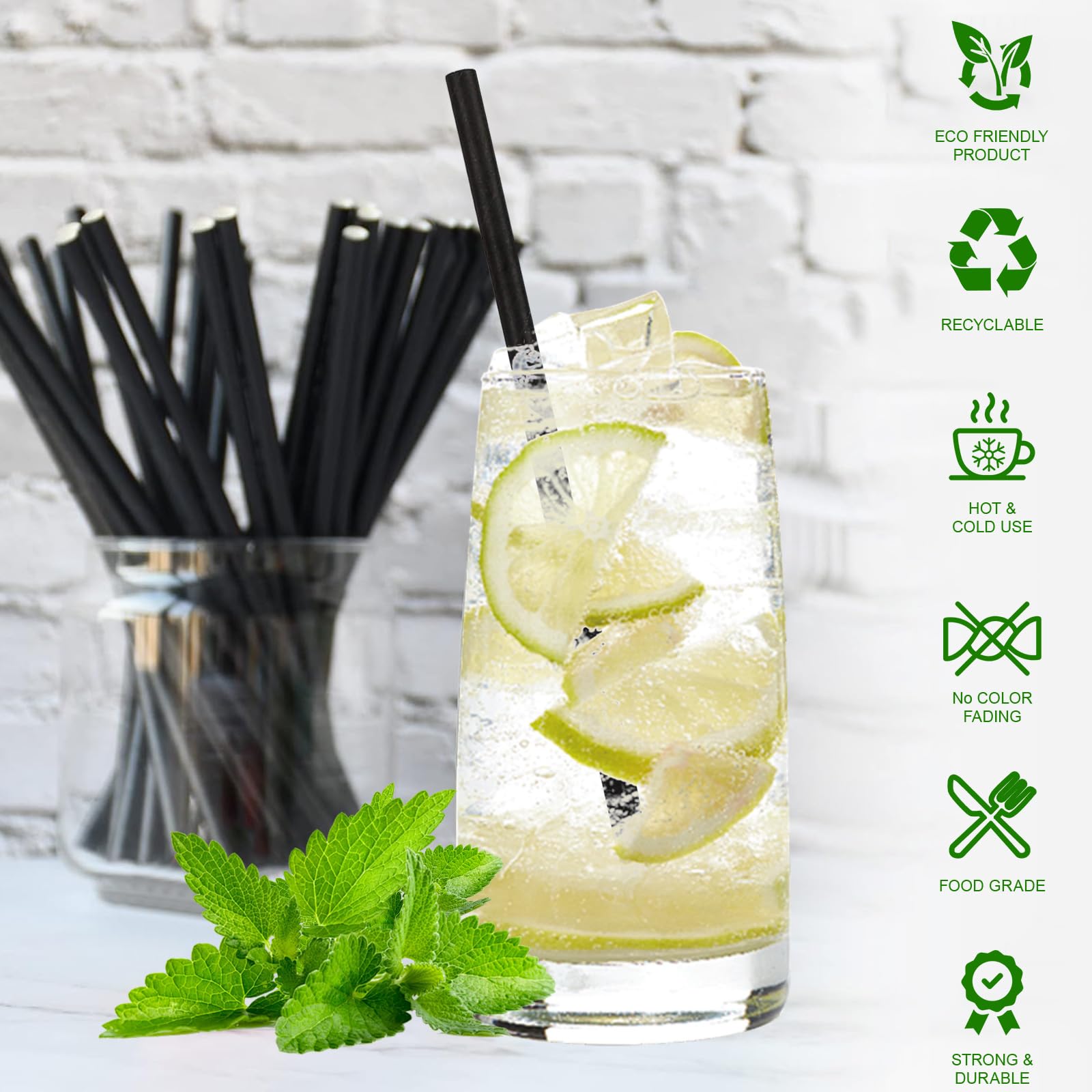 Schwarze Papierstrohhalme 510 Stück, Strohhalme Papier 19.7 cm x 0,6 cm Biologisch abbaubar, Einweg Cocktails Trinkhalme für Cocktails, Kaffee und Mixgetränke