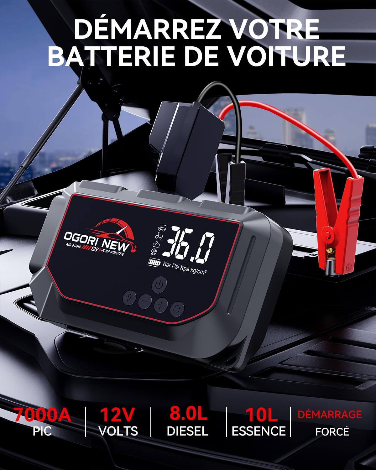 Booster Batterie Voiture avec Compresseur,7000A Démarreur Batterie,12V Démarreur Voiture avec 150PSI Gonfleur de Pneus,Jump Starter avec Powerbank et Chargeur USB (Essence 10L et Diesel 8L)