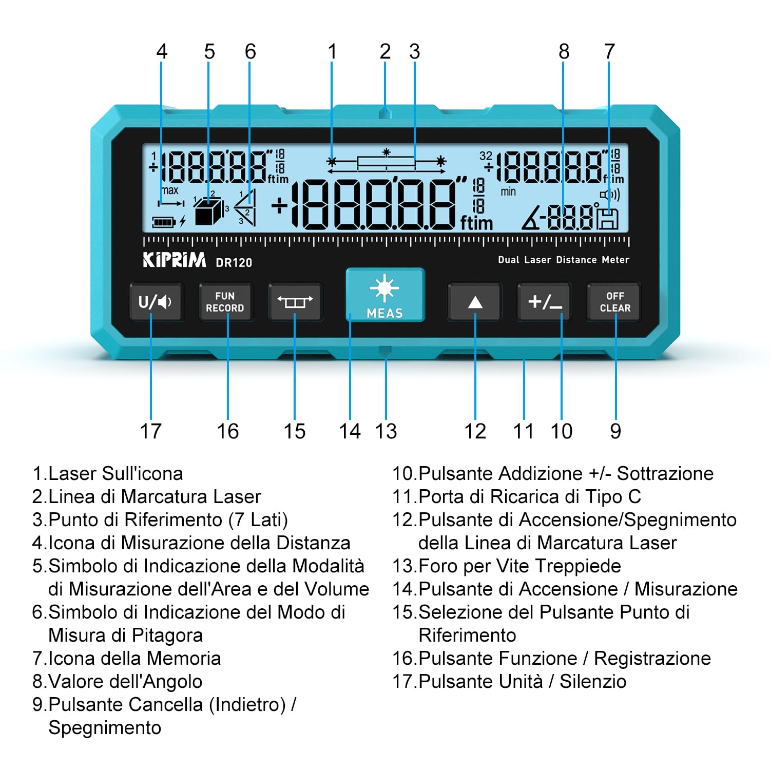 KIPRIM Telemetro Laser 120m, Doppio Raggio Bidirezionale, Linea Laser Verticale, Livella Elettronica, Ricaricabile USB-C, Unità M/FT/IN - DR120