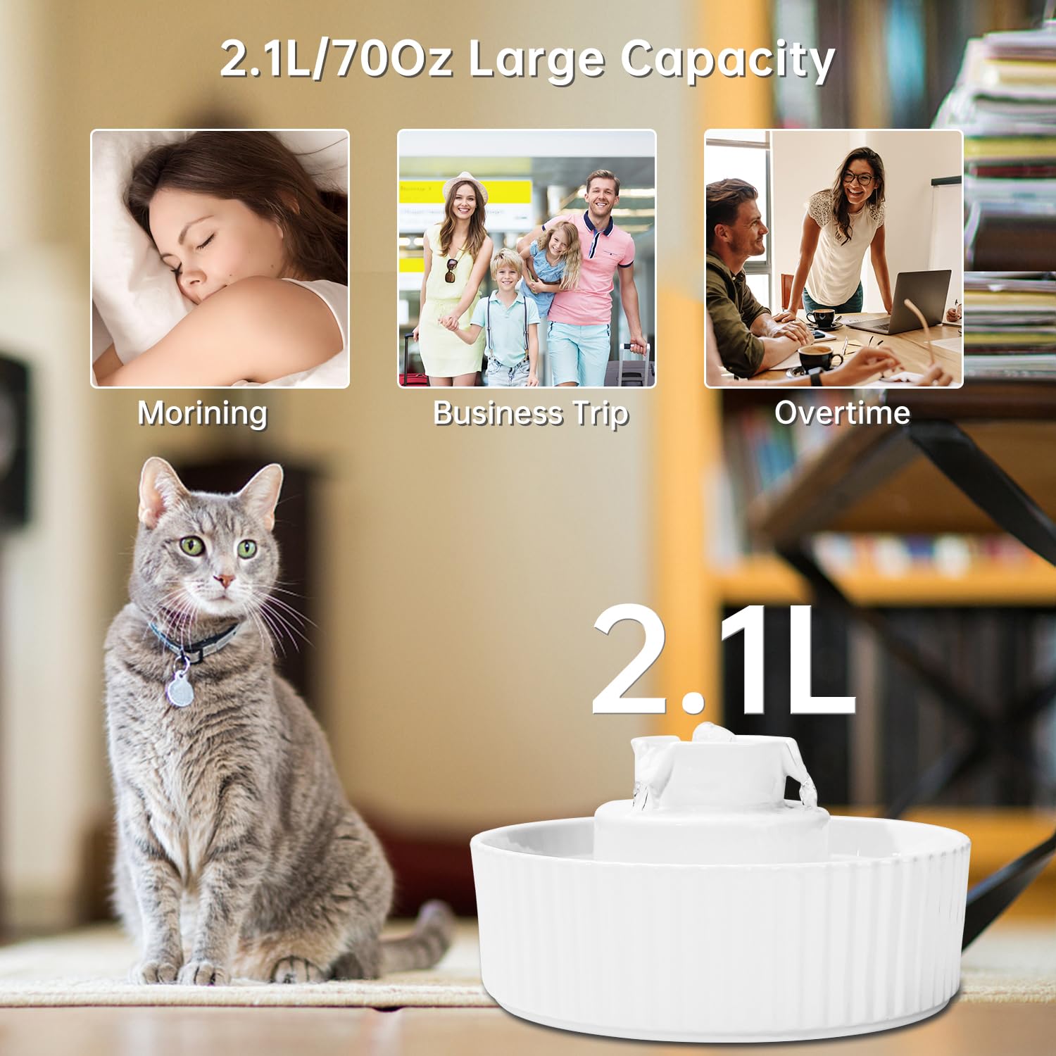 Ceramic Cat Water Fountain, 2.1L/70oz Ceramic Pet Water Fountain Automatic Cat Drinking Fountains Pet Water Bowl, Porcelain Cat Water Dispenser with Ultra-Quiet Pump for Cats and Dogs (White) - image 2
