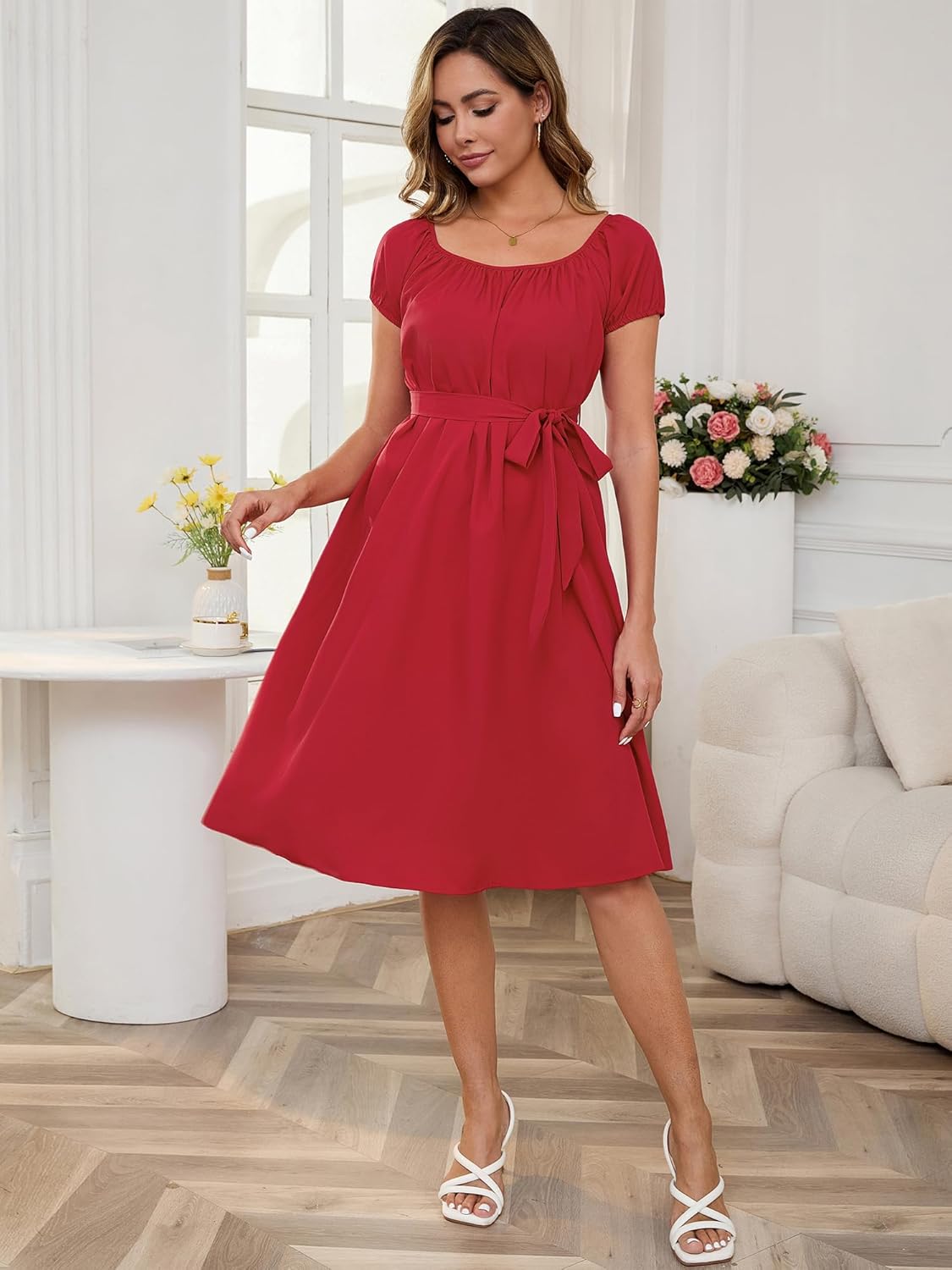 Women Maternity Dress Midi Summer Short Sleeve Flowy Boho Tie Waist Pleated Babydoll Pregnancy