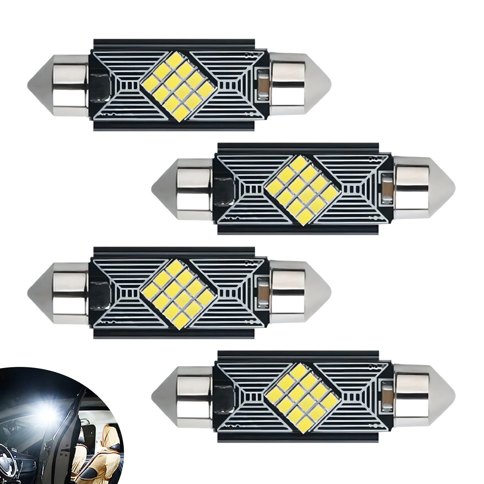 4 PCS Car LED Double Tip Reading Light, 13mm x 41mm 2016-12SMD Metal + PC Board 180 Degree Lighting Roof Light Car Interior Light, Lighting Replacement Accessory, for Most Car Models (White)