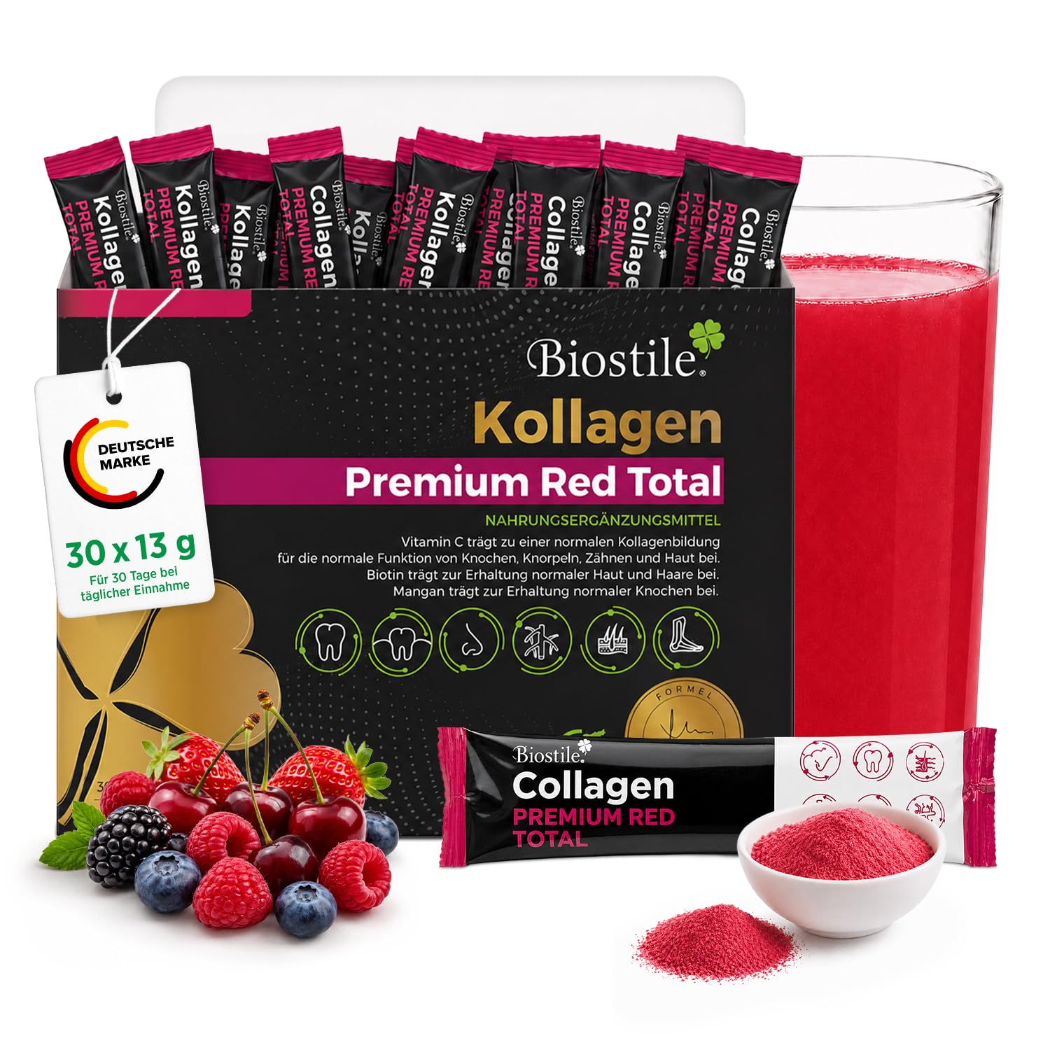 Collagen Premium Red Total – 30 Beutel mit 8600 mg hydrolysiertem Kollagen, Vitamin C, Curcumin, Shilajit, Zink, Kupfer, Biotin, Mangan und Silizium für Haut, Gelenke und Knochen