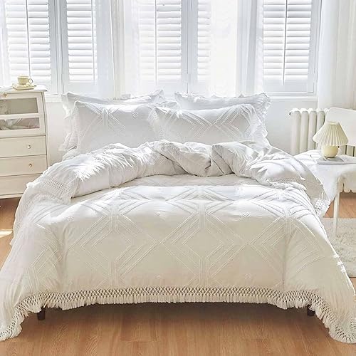 Miniatura 8 de Nanko Juego de edredón tamaño California King, color beige, jacquard copetudo, bohemio, suave, desgastado y elegante, reversible, de microfibra