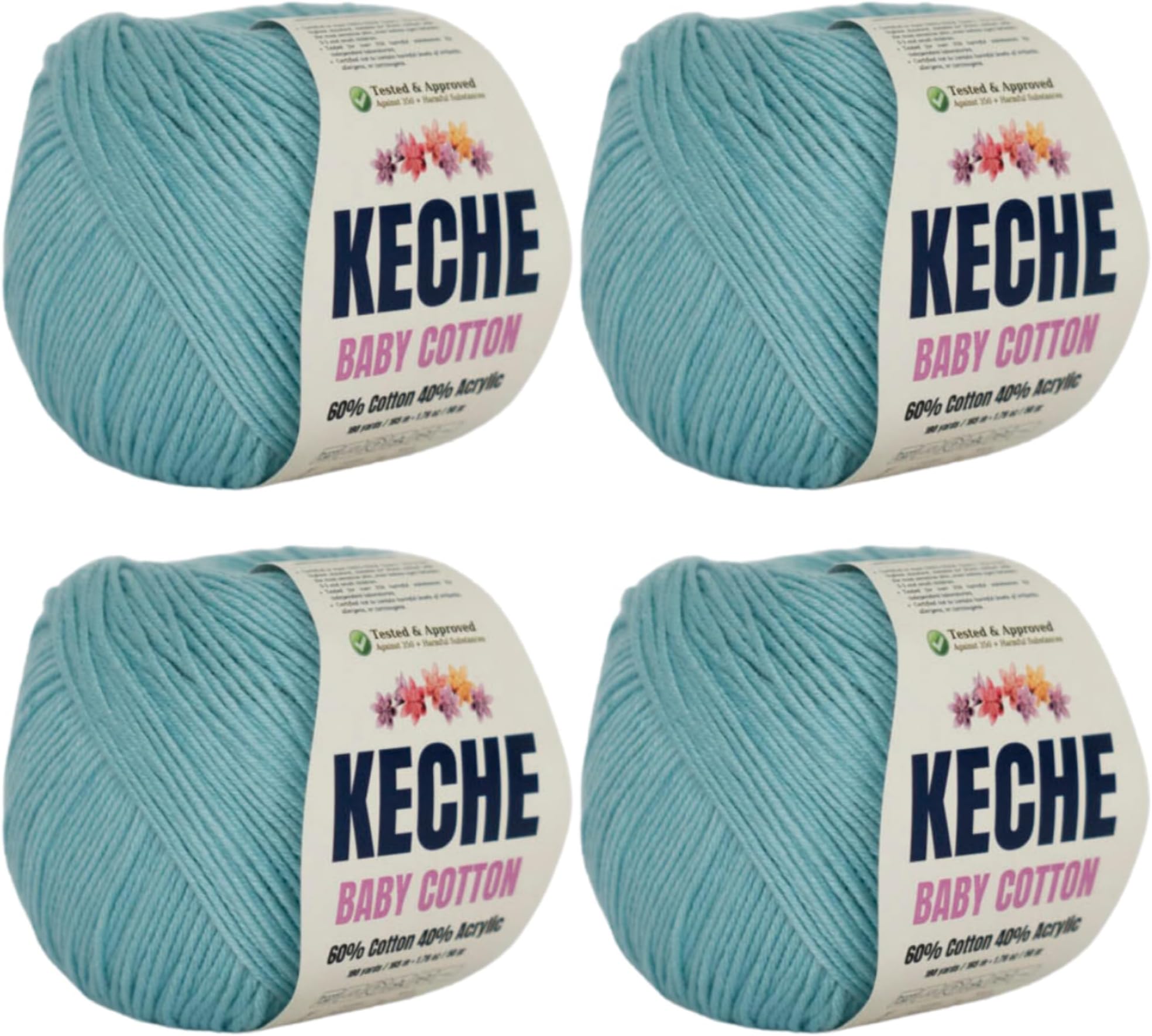 Keche Cotton Yarn, 60% Cotton 40% Acrylic Yarn, Soft Cotton Yarn for Crochet and Knitting, Amigurumi Yarn 4 Skeins/Balls [1.76 Oz (50g) / 180 Yrds (165m)] x 4 - Baby Blue
