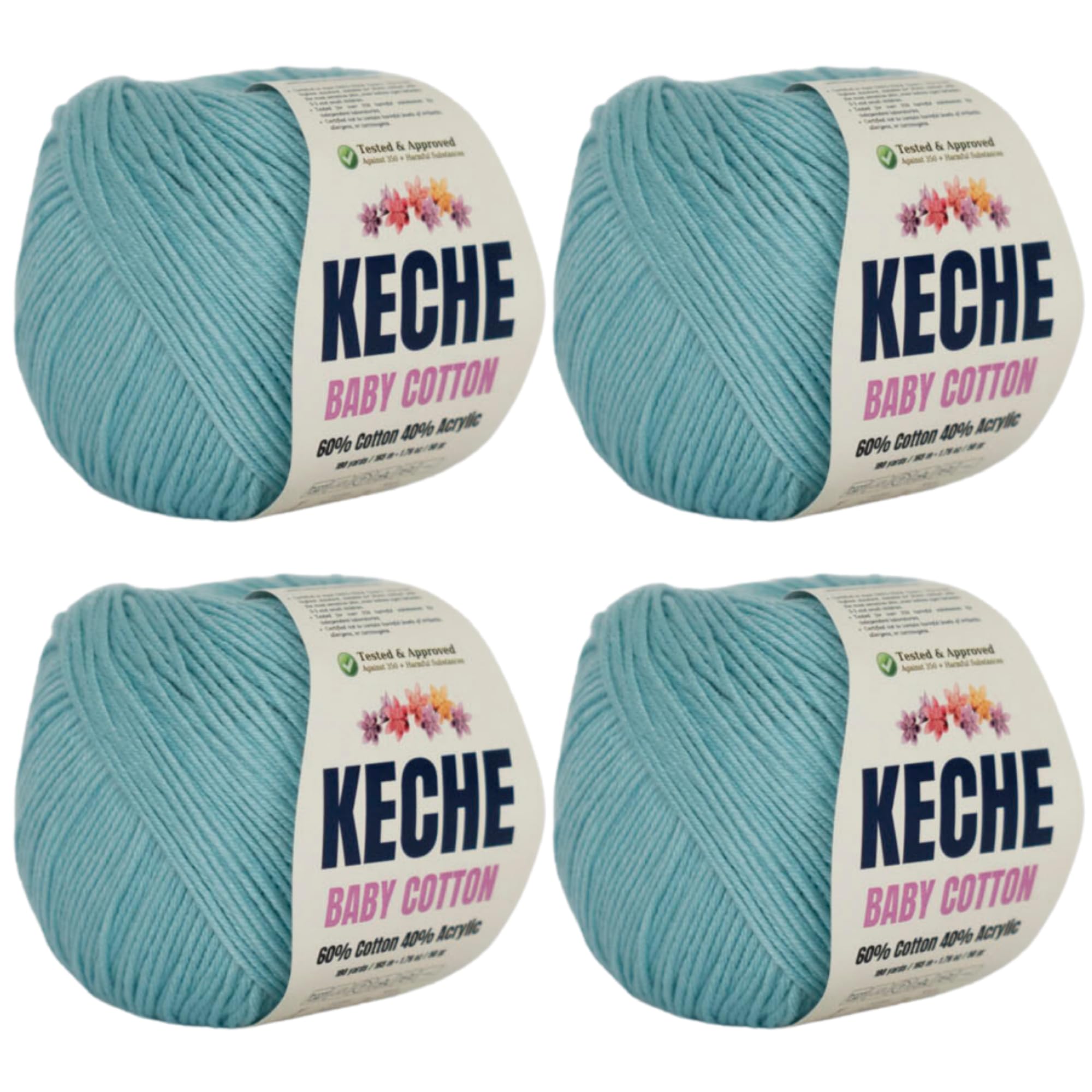 Keche Cotton Yarn, 60% Cotton 40% Acrylic Yarn, Soft Cotton Yarn for Crochet and Knitting, Amigurumi Yarn 4 Skeins/Balls [1.76 Oz (50g) / 180 Yrds (165m)] x 4 - Baby Blue