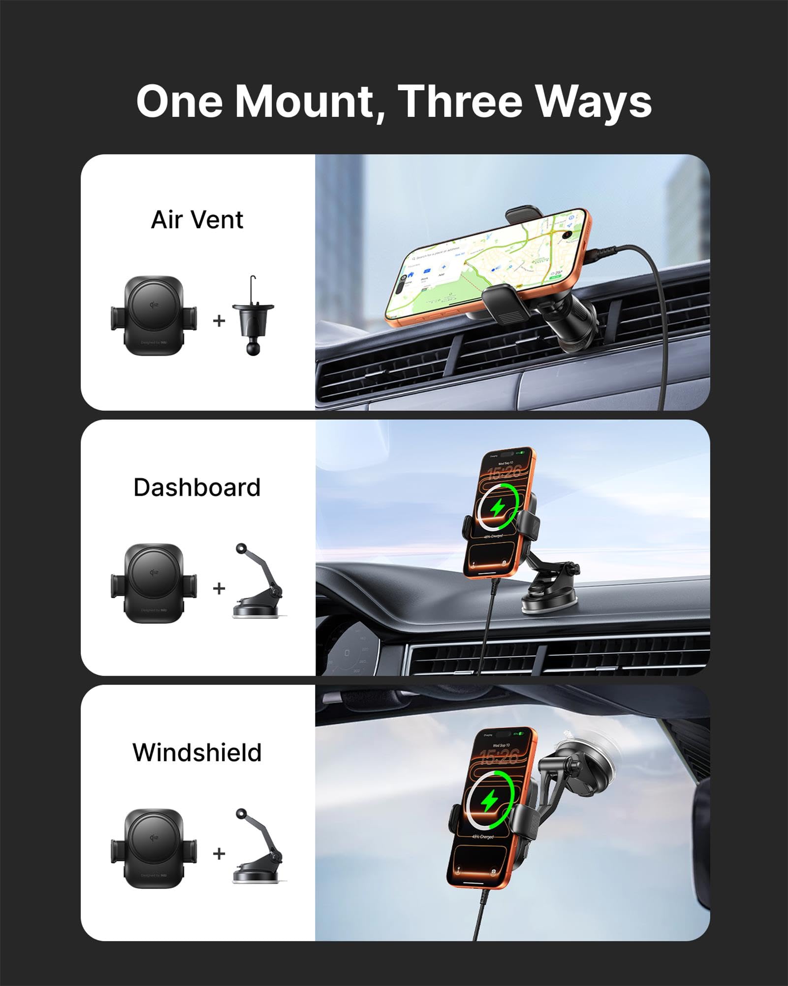 INIU Cargador inalámbrico para coche, certificado Qi2, soporte de teléfono para Magsafe, cargador magnético de carga rápida de 15 W para salpicadero, accesorios de coche, rejilla de ventilación para