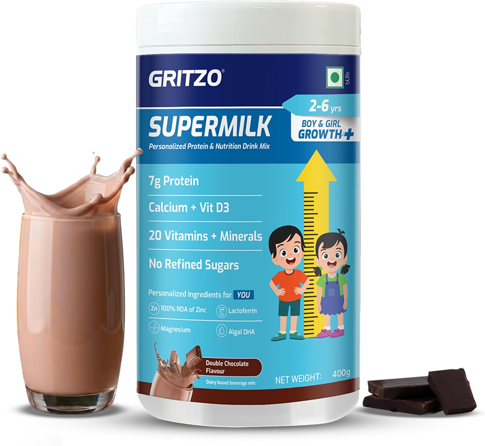 SuperMilk Height+ (4-7 Years) - Double Chocolate, 400g | 7g Protein, Zero Refined sugar, 21 Vitamins & Minerals