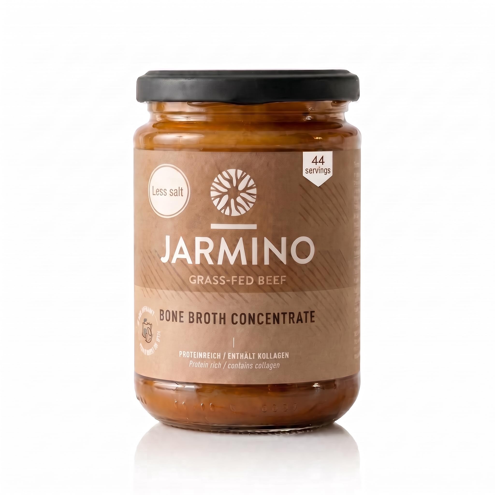 JARMINO Brodo di Ossa Biologico Concentrato, Bone Broth di Manzo da Allevamento al Pascolo e Nutrito a Erba, Brodo Liquido con Collagene Tipi 1, 2 e 3, Keto, Paleo e AIP, 440 g, 44 Porzioni