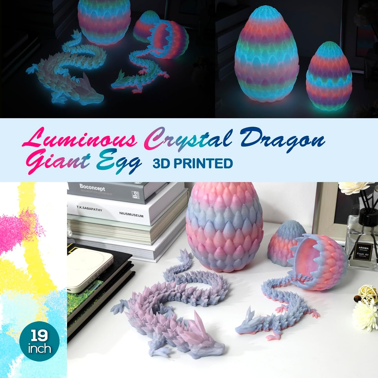 19 inch Large 3D Printed Dragon Glow in the Dark,Dragon Eggs with Dragon Inside,Surprise Dragon Egg Toy,Prefilled Easter Eggs Basket Stuffers for Boys Kids Teen 5-7 4-6 8-12