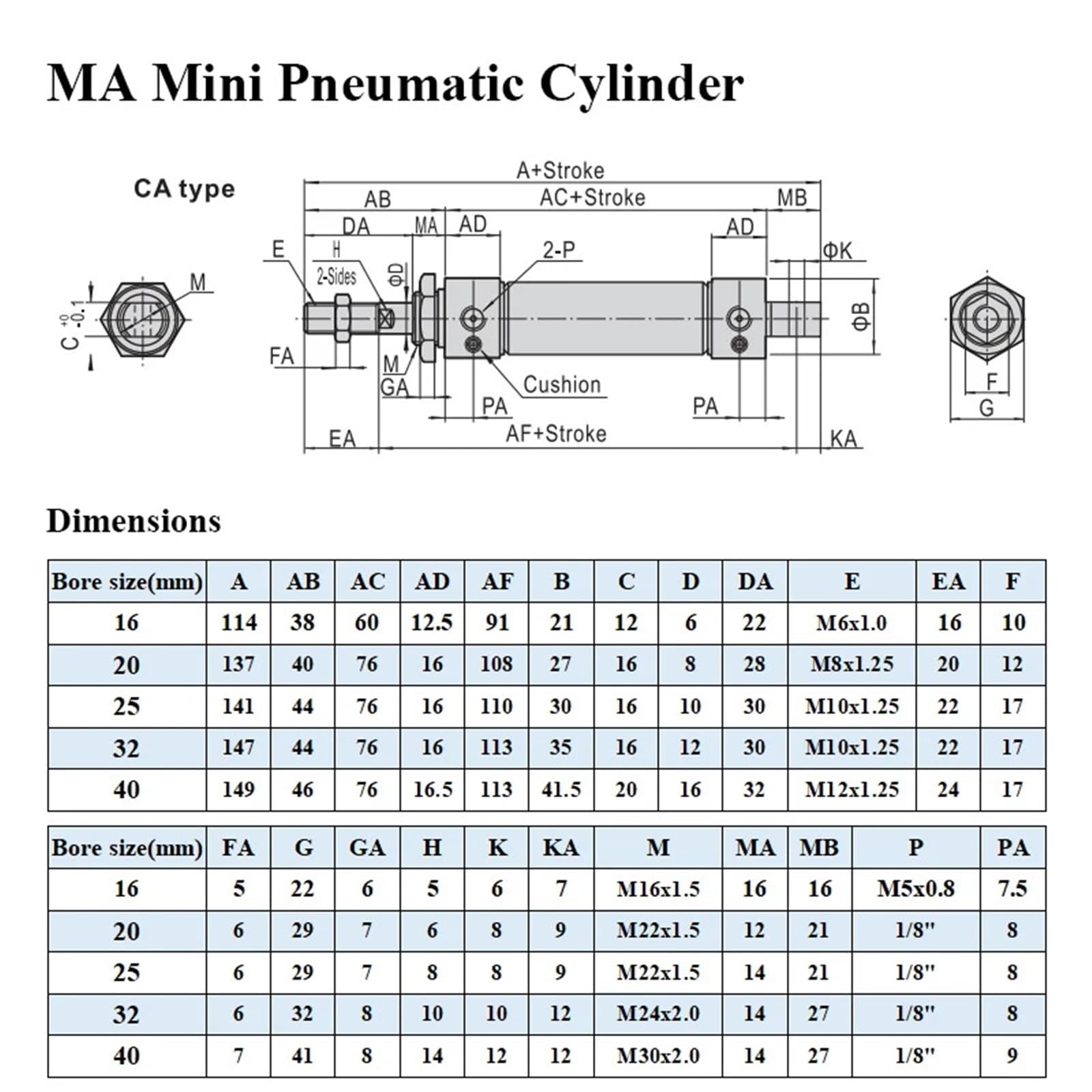 Vérin pneumatique Double Effet MA25/32 en Acier Inoxydable, Course de 25 à 500 mm, 1 pièce(100mm Stroke,32mm Bore)