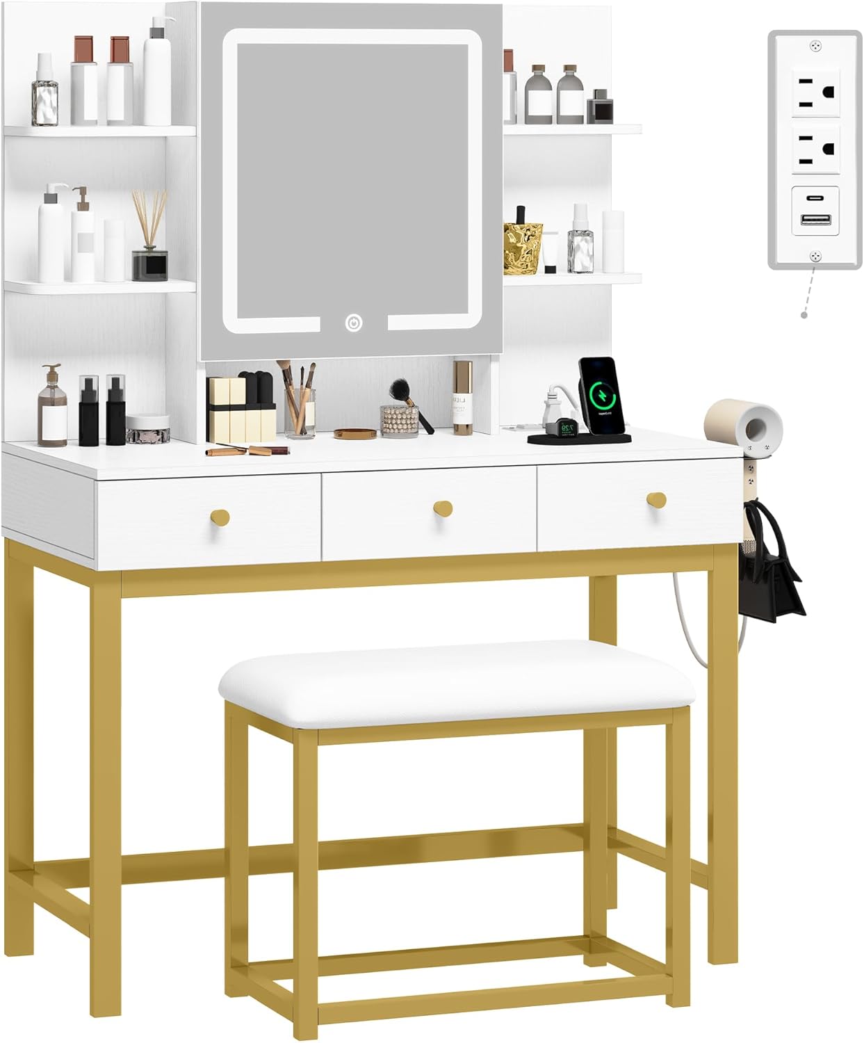 YITAHOME Makeup Vanity Desk Set with Mirror and Lights & Power Outlets, Makeup Table with 3 Adjustable Lighting Modes, Vanity Set with Open Shelves and Hidden Storage, Stool for Bedroom, White