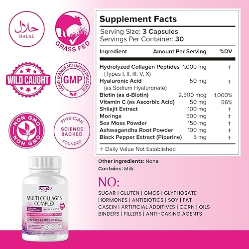 Miniatura 8 de Orrys Vital Multi colágeno para mujeres y hombres tipo I, II, III, V, X + musgo marino, shilajit, moringa, ashwagandha, biotina, vitamina C y ácido