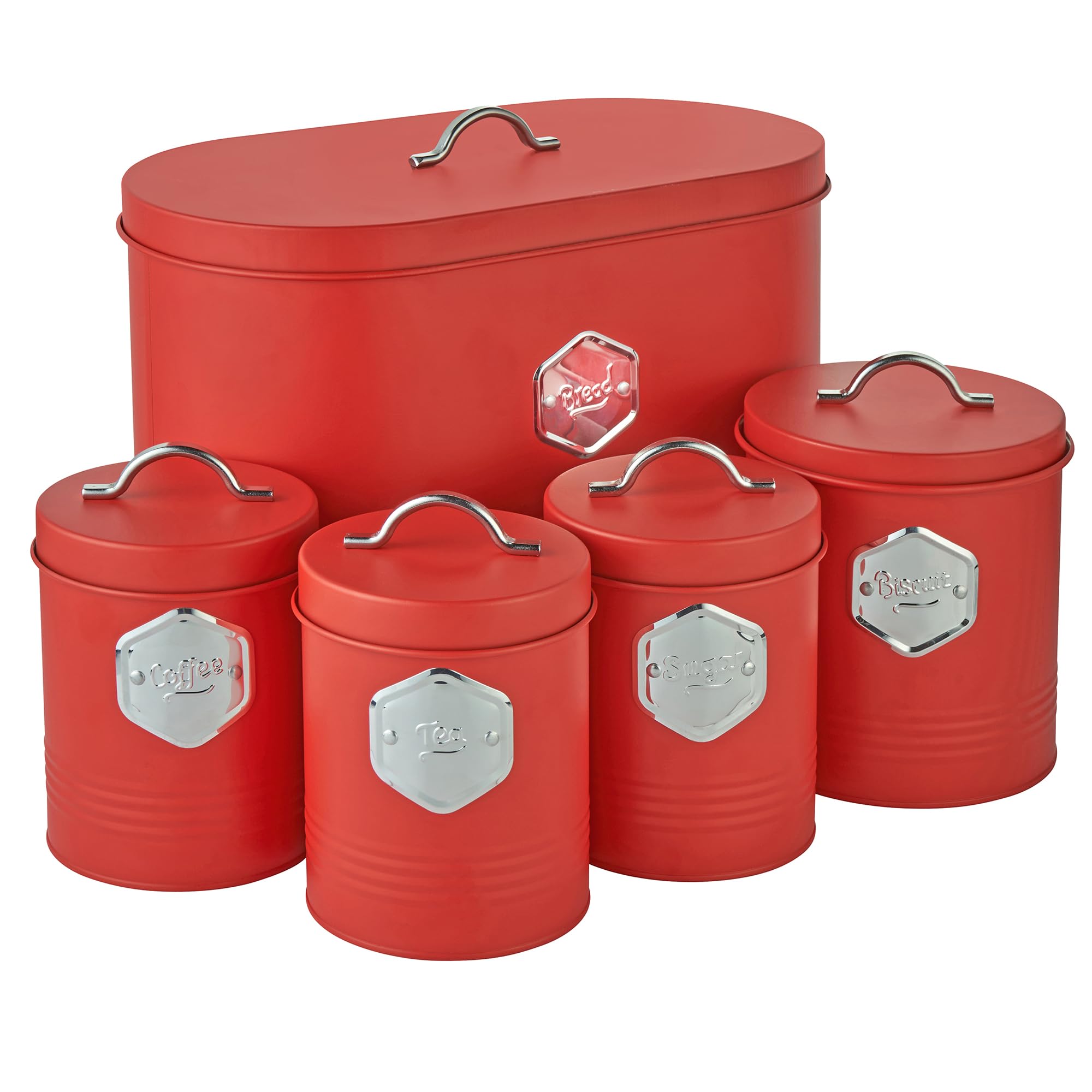 Cooks Professional 5 Piece Tea Coffee Sugar Bread & Biscuit Cannister Set | Labelled Storage Tins | Containers with Airtight Lids | Canisters for Kitchen Accessories & Essentials | Red & Silver โ image 1