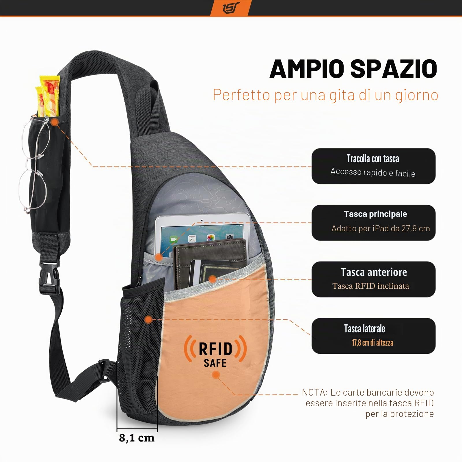 SKYSPER Zaino Monospalla con Protezione RFID, Borsello Monospalla Uomo Antifurto Borsa a Tracolla da Petto 9L per Viaggio Passeggio Trekking