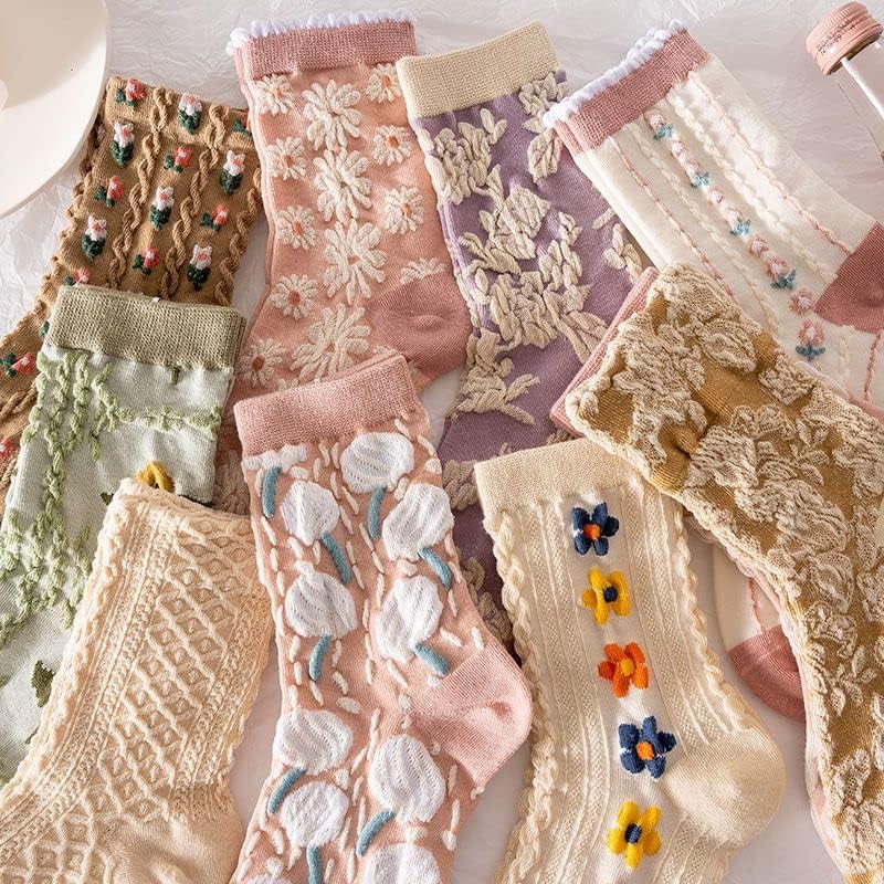 5 Pairs Women Autumn Flower Jacquard Mid Heel Socks main image 1
