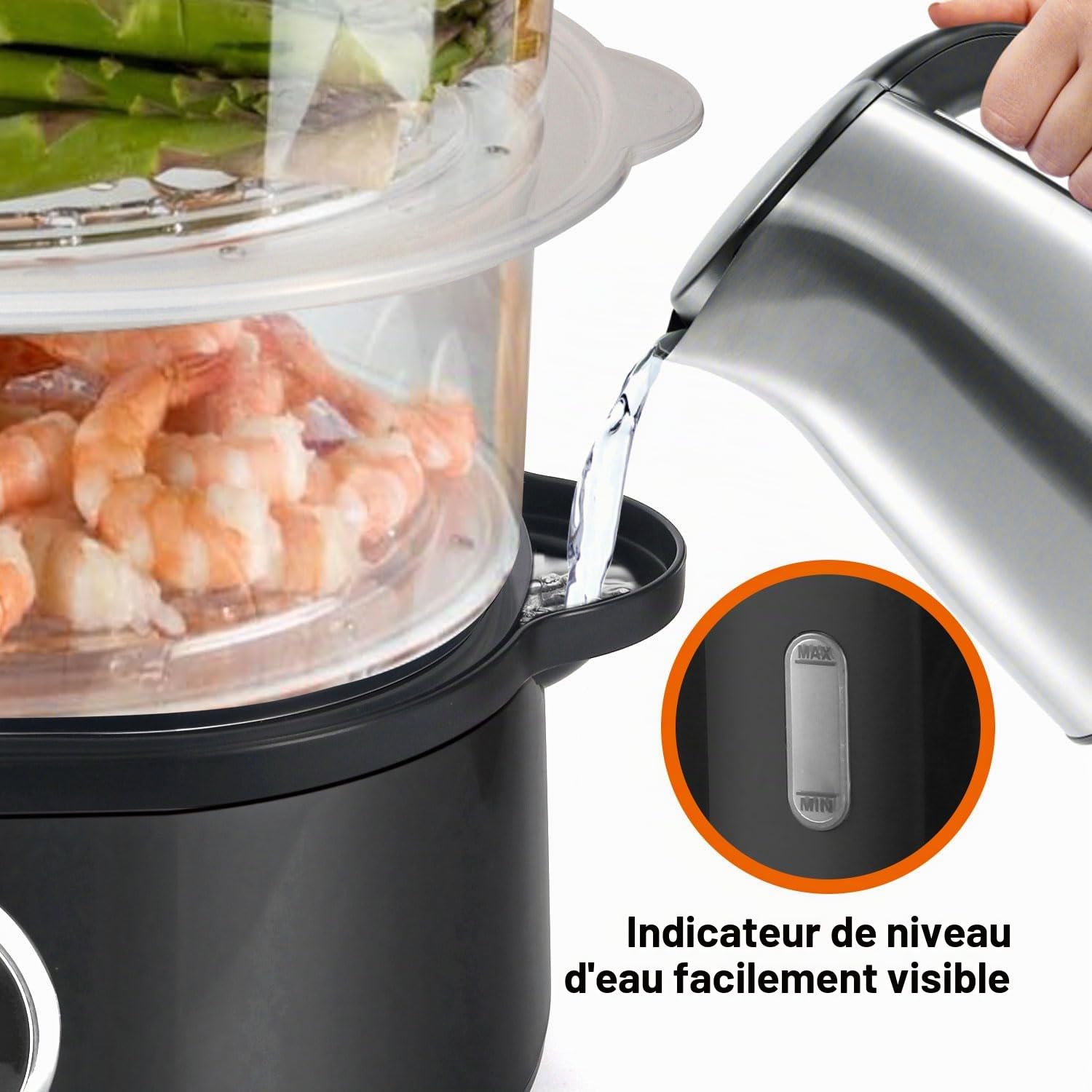 Cuiseur vapeur électrique à 3 niveaux, cuiseur à la vapeur pour légumes avec une capacité de 12 l, 3 bols de cuisson amovibles et couvercle, minuteur de 60 minutes, arrêt automatique, sans