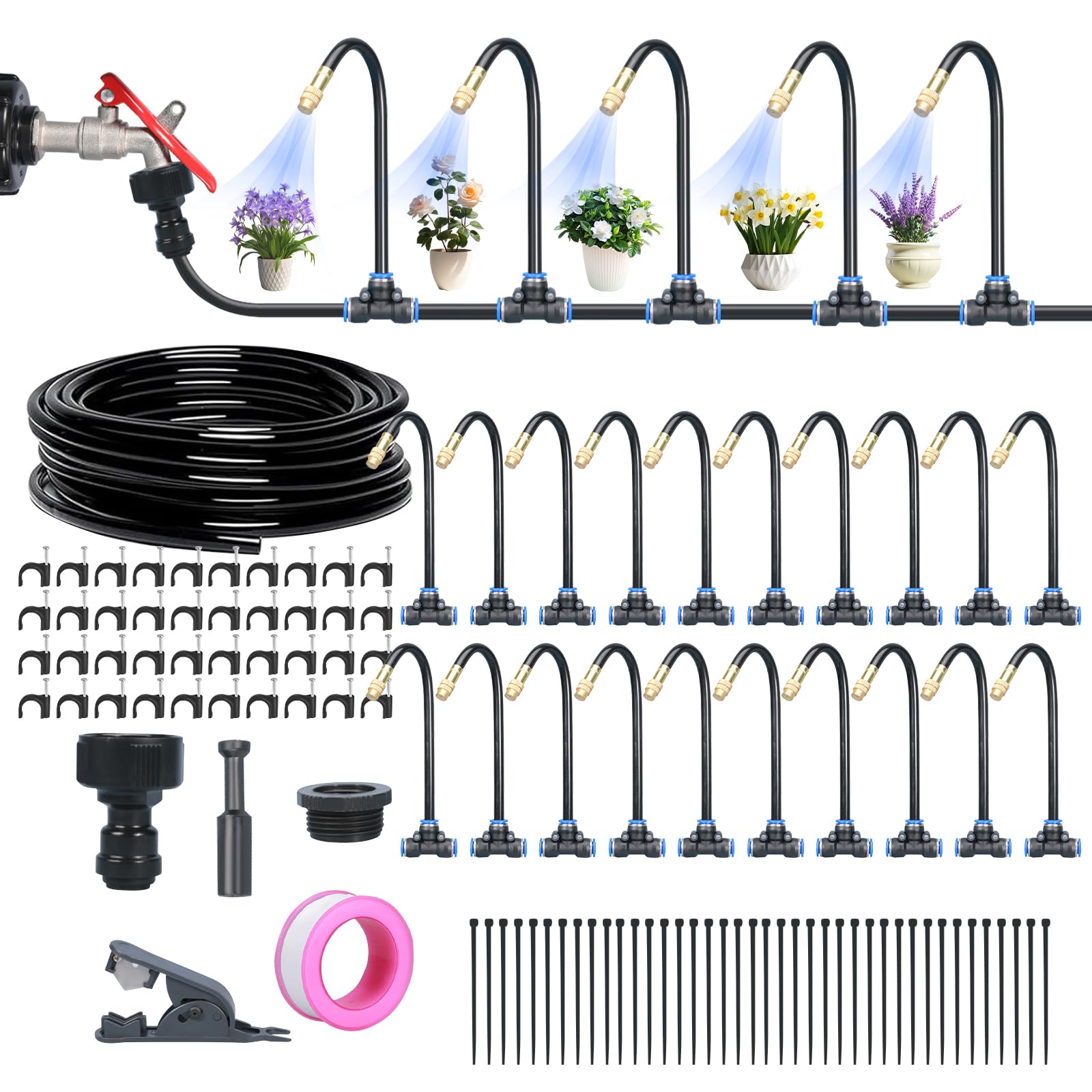ACESOME Système d'irrigation de jardin, système d'irrigation automatique incurvé à 360°, tuyau d'irrigation, plate-bande surélevée pour jardin, pelouse, potager, ferme (20 m avec piquets)