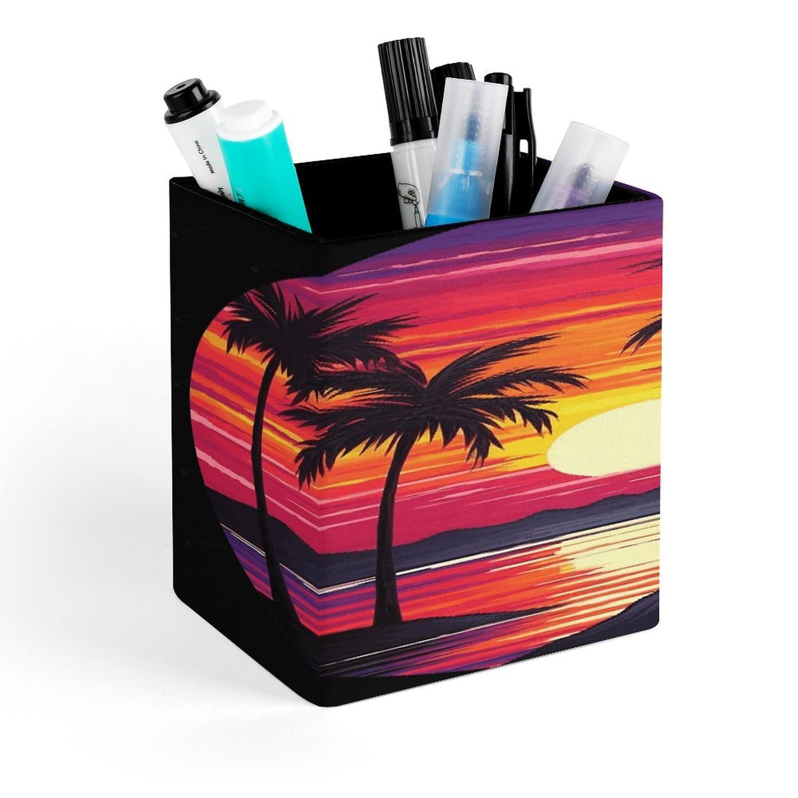 FekiLoot Palm Tree Sunset Design Pen Holder Personalized Desktop Pencil Holders Case Office Accessories Container Box for Square Pen Cup Desktop Organizer Makeup Brush Holder Caddy Storage