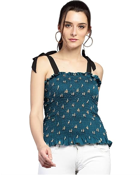 Darzi Sleeveless Green with Floral Printed Top ? Tie-up Design, Boost Your Style with Casual Top for Women & Girls Easy Wash Without Fading Color