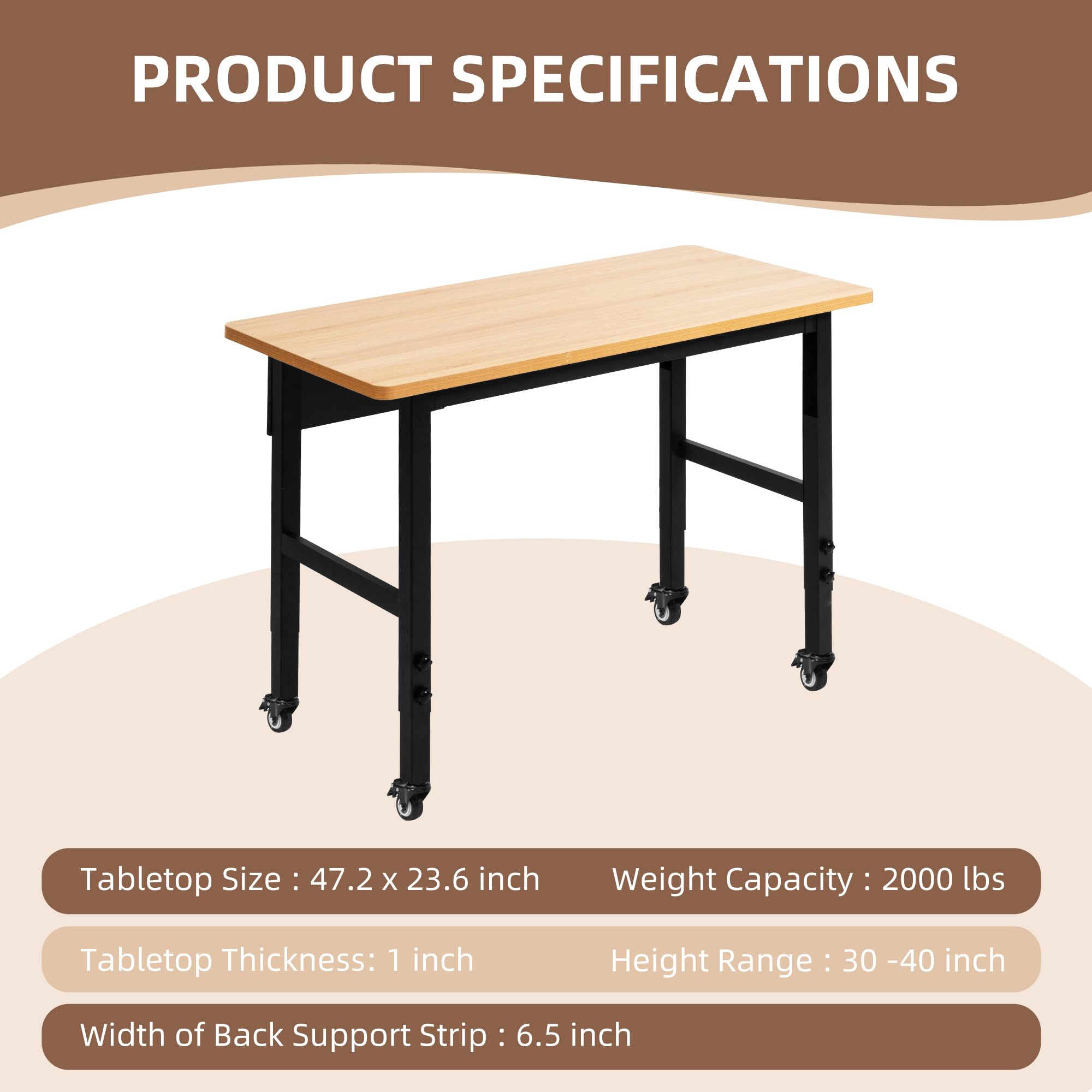 Banco de trabajo ajustable con ruedas, mesa de trabajo con ruedas para garaje, banco de trabajo de madera dura de gran capacidad, mesa de trabajo resistente para taller, oficina, garaje, hogar