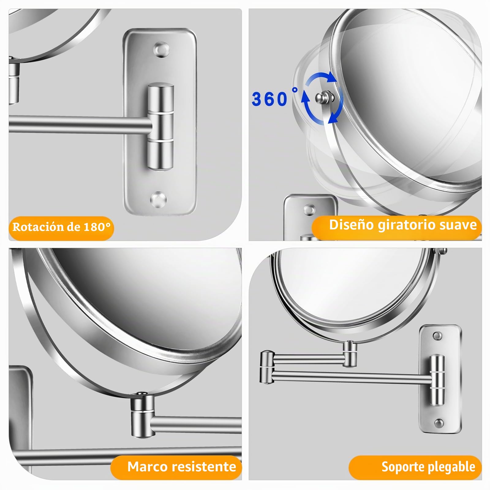 Espejo de Maquillaje de Aumento 10X Montado en Pared de 8" Doble Cara con Brazo Extensible Giratorio 360° para Baño y Hotel - Cromo