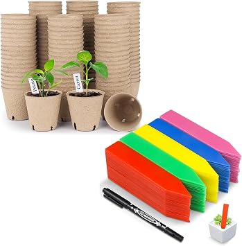 homenote Peat Pots, 3.15 Inch Seed Starting Pots with Drainage Holes Round120 Pcs with 4 Inch Plastic Plant Labels Waterproof Plant Tags200 Pcs