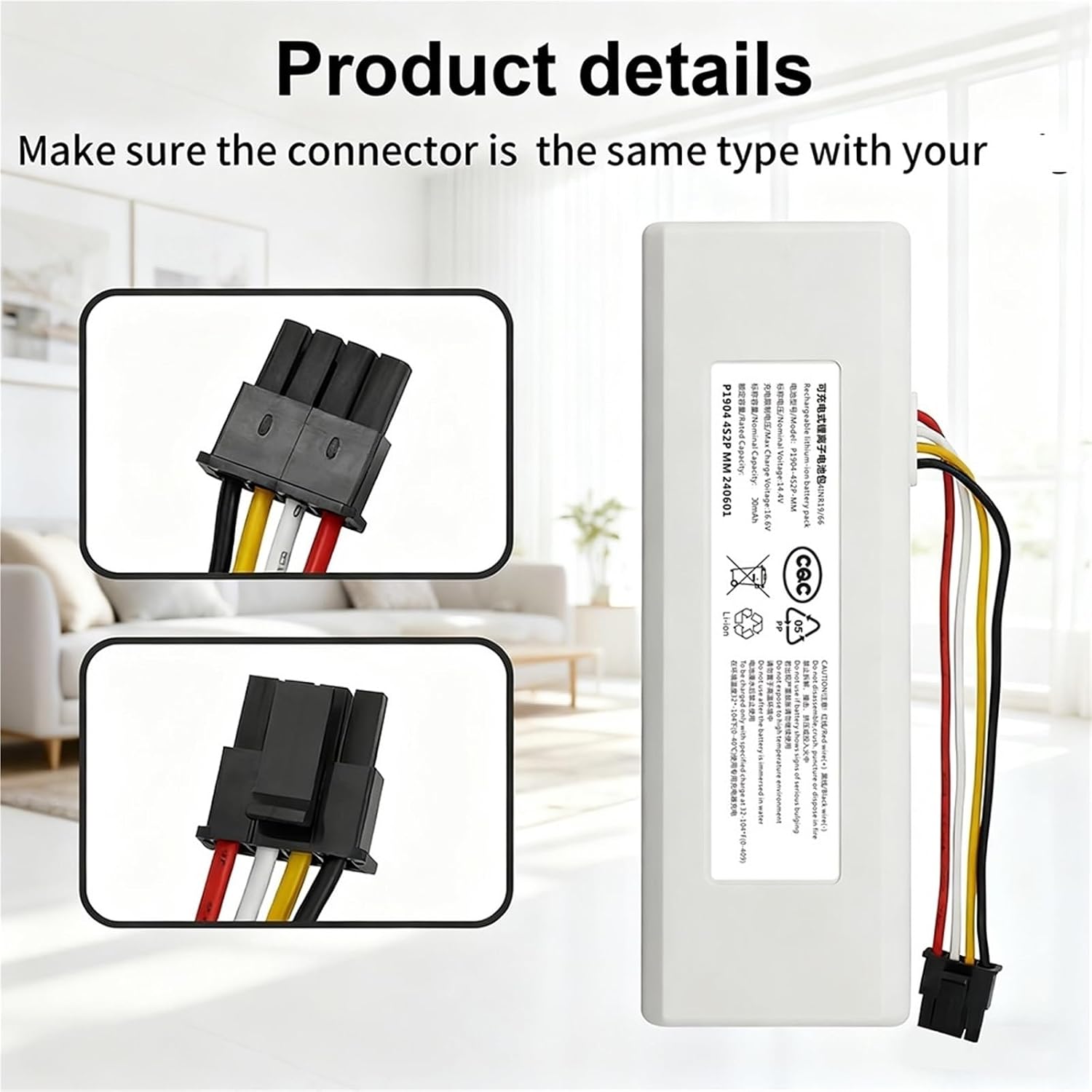 5200mAh 14.4V Vacuum Battery Replacement，Compatible For Xiaomi，Compatible For Mijia，1C STYTJ01ZHM，Compatible For Dreame， MC1808 SKV4093GL XM2000021