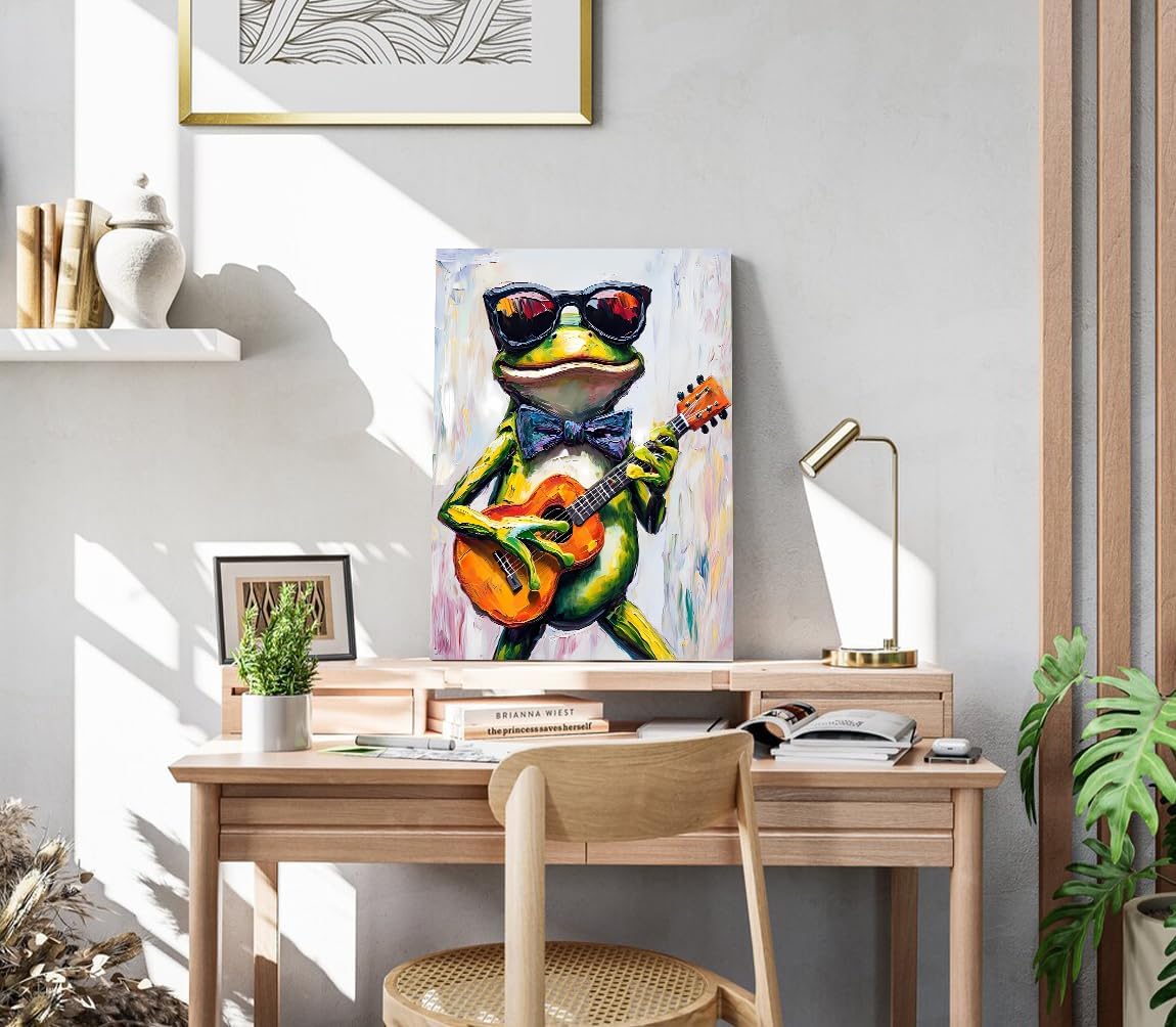 Funny Frog Canvas Wall Art,Frog Playing Guitar Wall Art,Colorful Animal with Glasses Oil Painting Modern Pop Framed Artwork for Bedroom Nursery Kids Room Decor(12"x16")