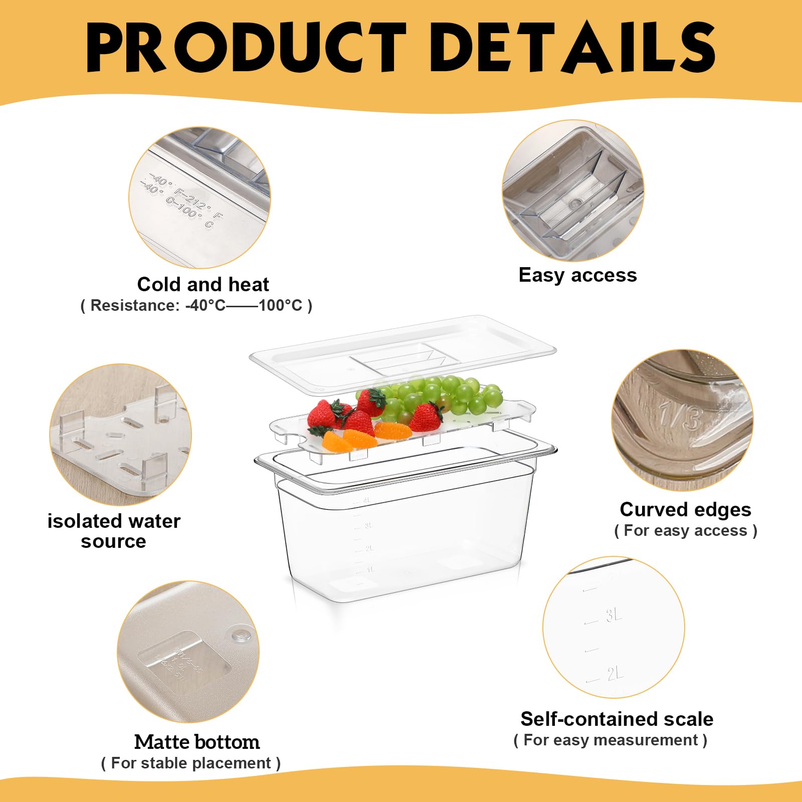 Sunnyray Juego de 6 sartenes de policarbonato de tamaño 1/3 con tapas y estante de drenaje, recipientes cuadrados transparentes para almacenamiento de alimentos para cocina, restaurante, frutas,