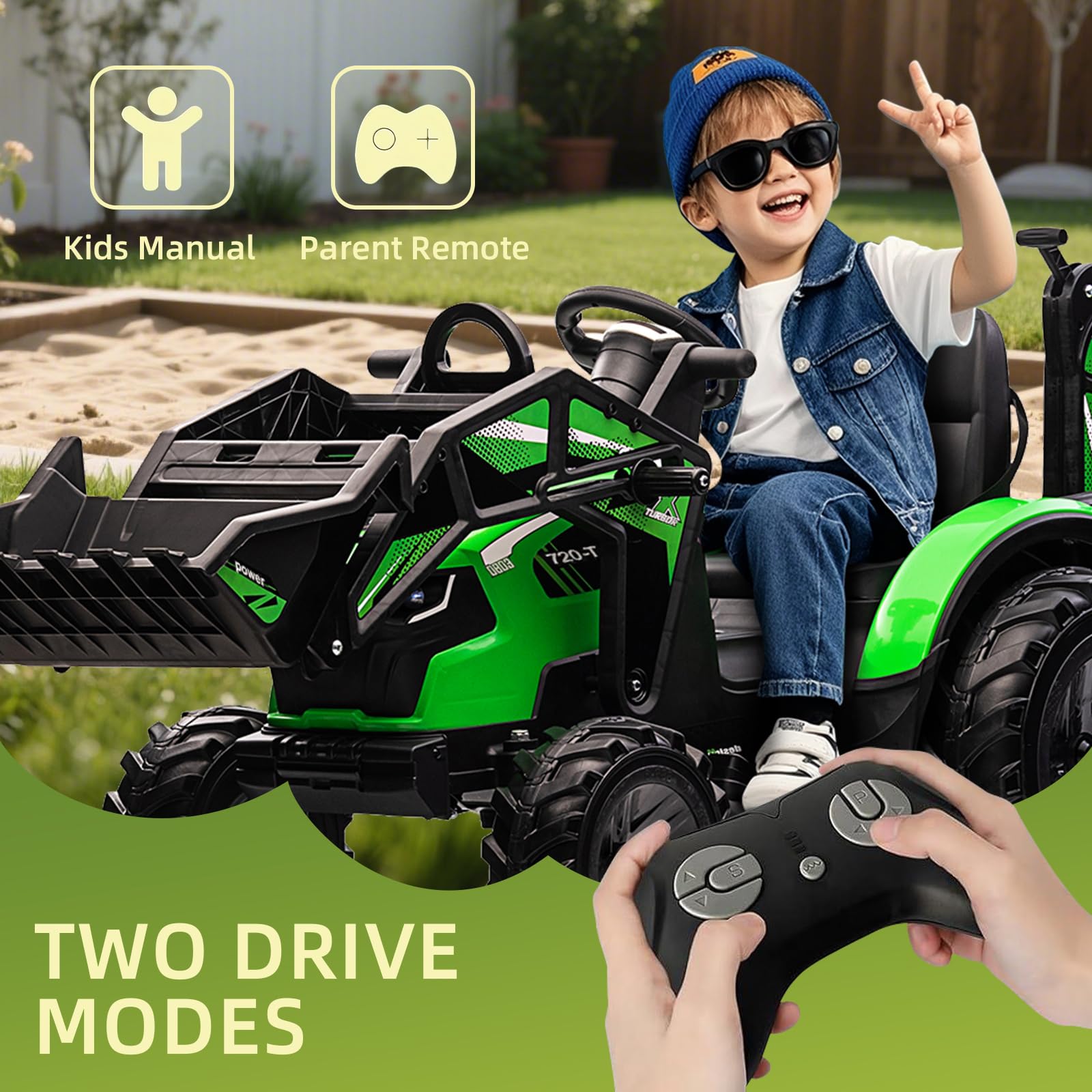 Tractor 3 en 1, juguete de paseo de 24 V para niños grandes, excavadora - Vehículo eléctrico a batería con remolque, excavadora, control remoto, luces LED, música, USB, funciona con pilas, verde 4