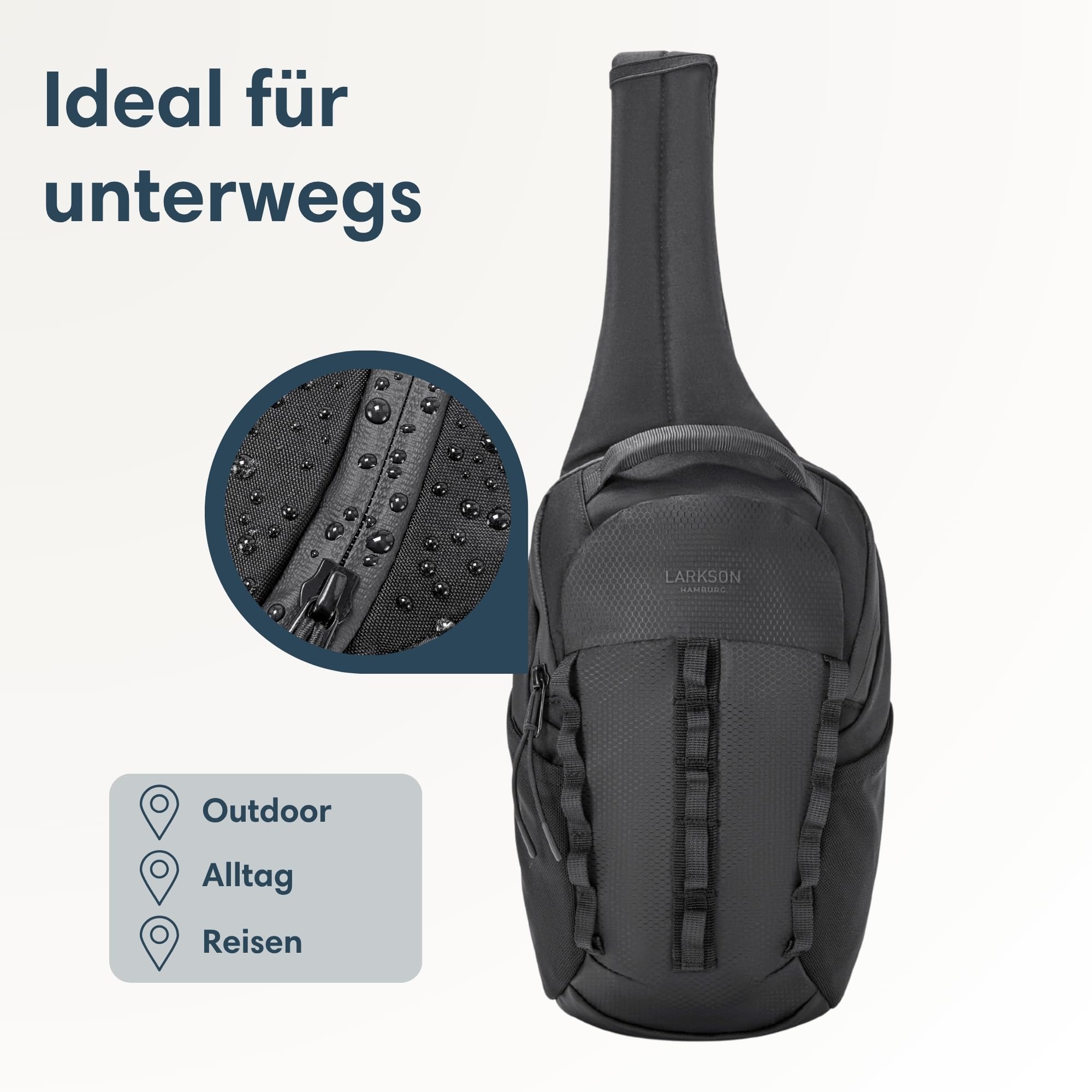 LARKSON Sling Bag Herren & Damen Schwarz - Klint - Funktionale Crossbody Schultertasche für Wandern Outdoor Fahrrad - 4 Liter Volumen - Wasserabweisend & Wasserfester Reißverschluss