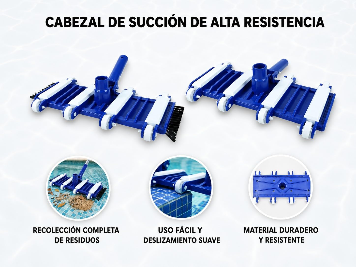 HERSIG - Cabezal Limpiafondos Flexible Manual para Piscina con Ruedas y Cepillos Laterales para Limpieza de Esquinas y Fondos Curvos con Conexión Universal