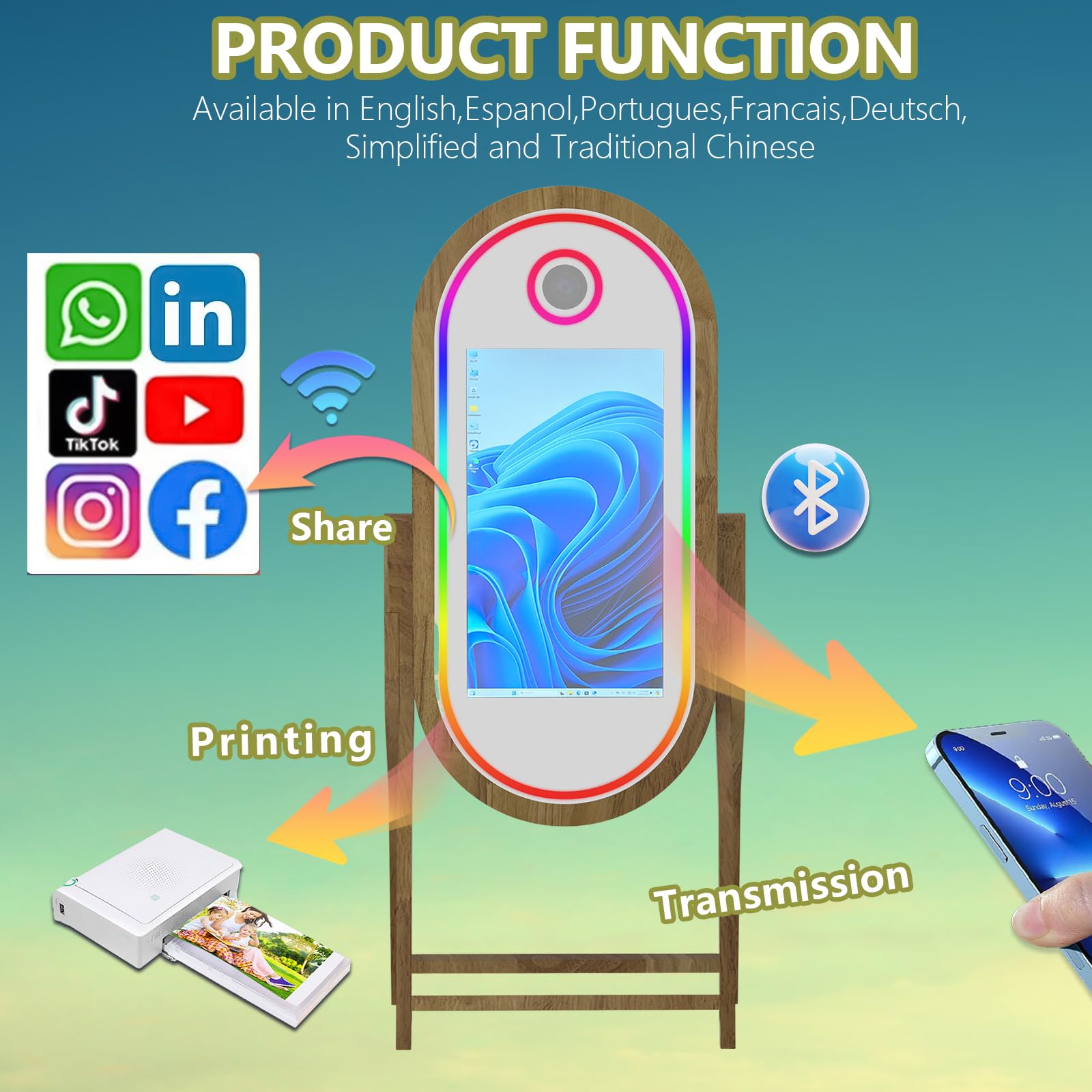 Appareil photo miroir magique de 152,4 cm avec écran tactile de 81,3 cm, support pour selfie, cadre lumineux RVB et étui de vol pour événement, location, fête de mariage (machine + mini imprimante)
