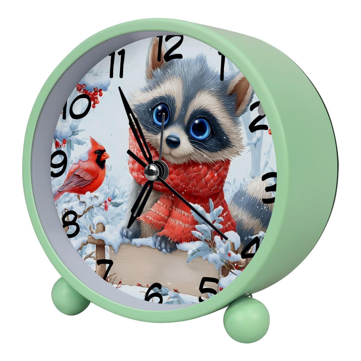 Luoweisi Analog Alarm Clock Raccoon Christmas Cardinal, Silent Non-Ticking with Night Light, Battery Operated, Round Desk Alarm Clock for Office, Bedroom, Elderly, Adults, Children, Student Gifts