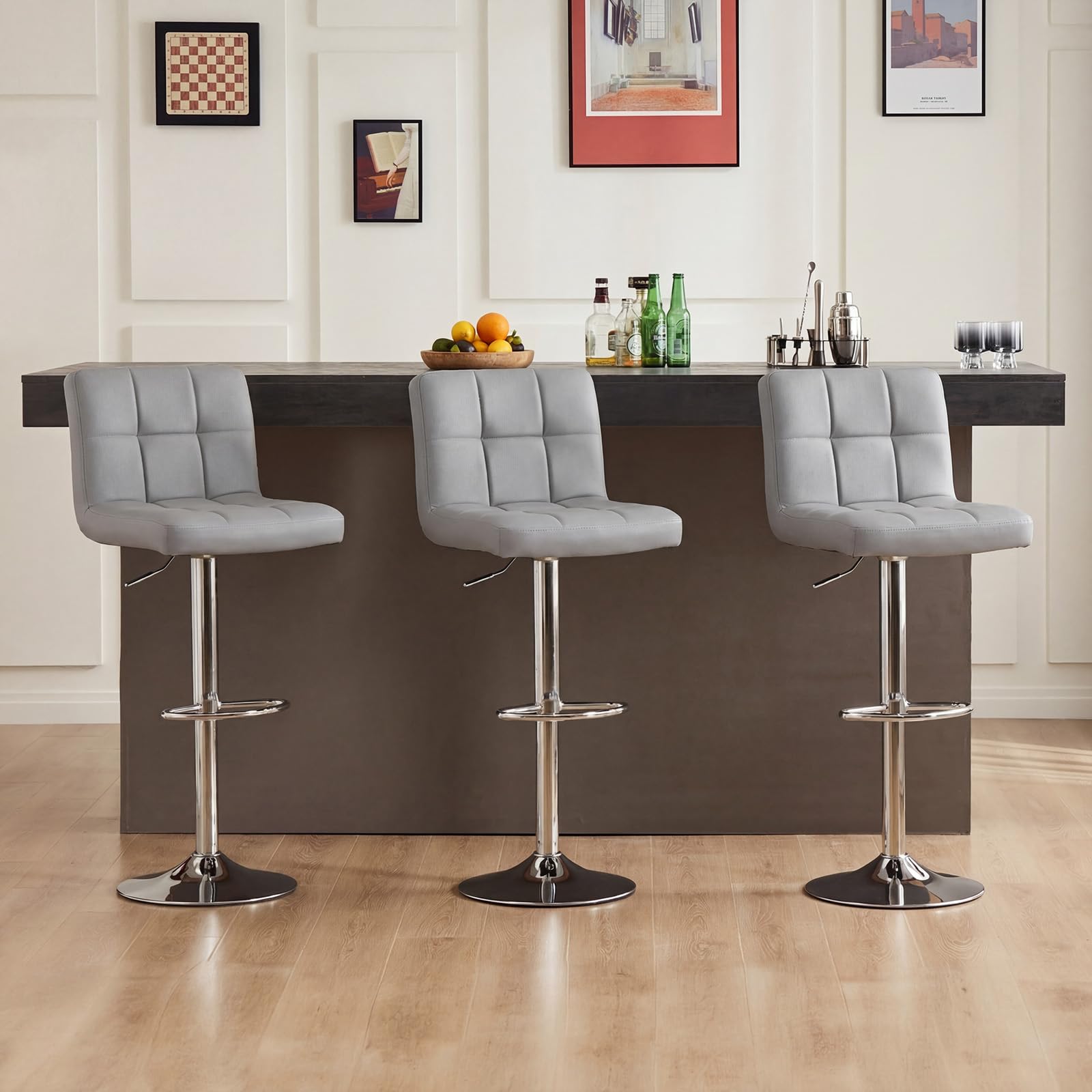 Photo 1 of DUMOS Bar Stools Set of 4, 24 inch Counter Height Bar Chairs, Upholstered Modern Kitchen Barstools with Metal Base, PU Leather Saddle Stools for Kitchen Island, Grey