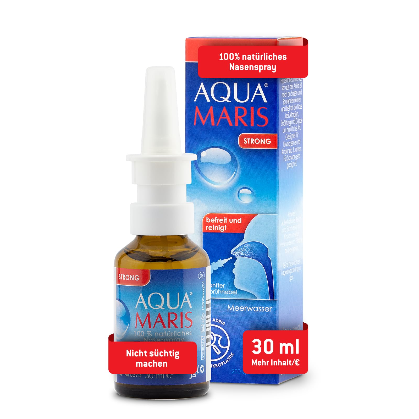 Aqua Maris Strong 30 ml, 100% natürlich, Meerwasser abschwellendes Nasenspray I Linderung bei verstopfter Nase I Erwachsene, Kinder, Schwangere und Stillende Mütter