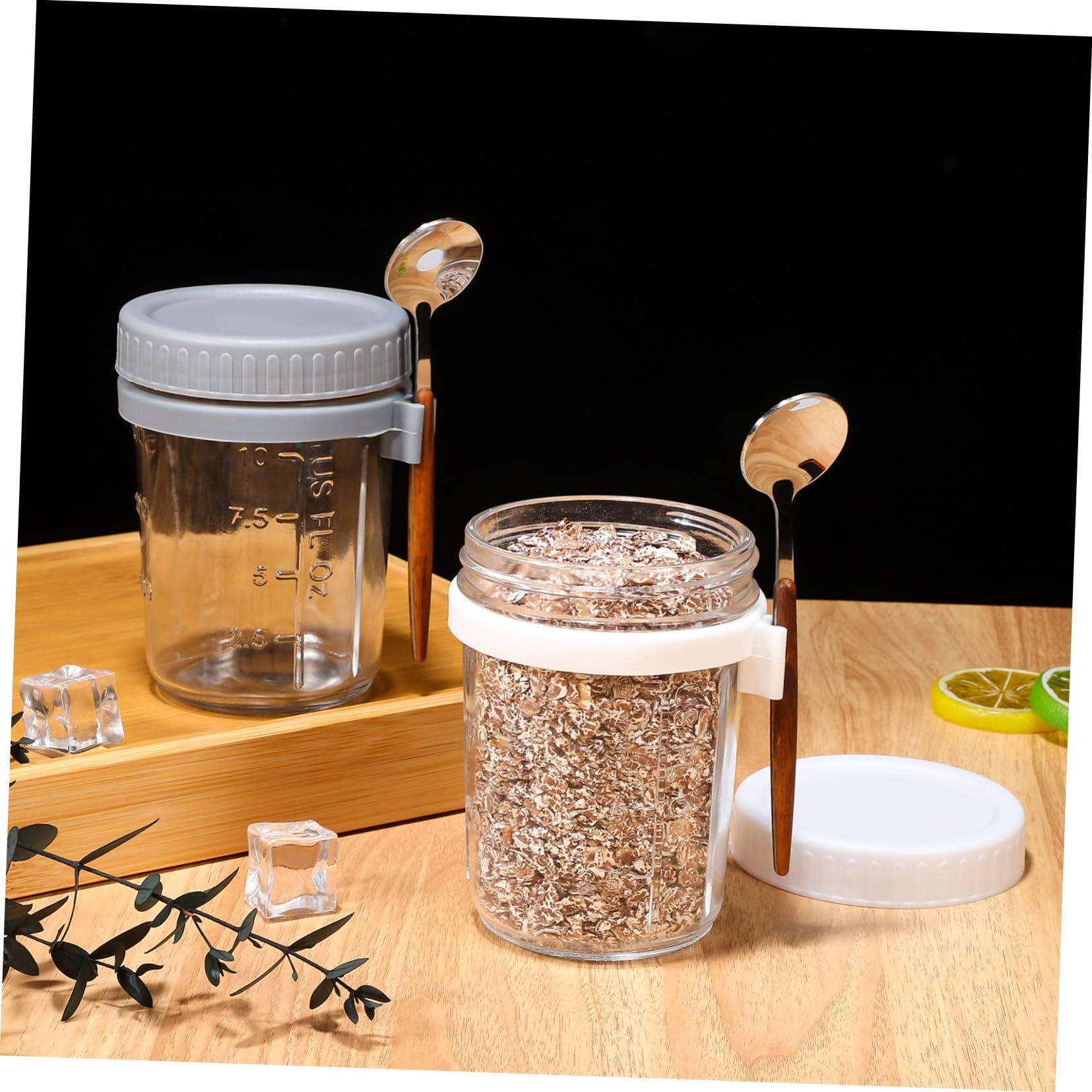 Cabilock 4 Stück Vorratsdose Glas mit Holzdeckel 400ml Glasbehälter mit Deckel und Löffel für Overnight Oats Büro und Wohnheim