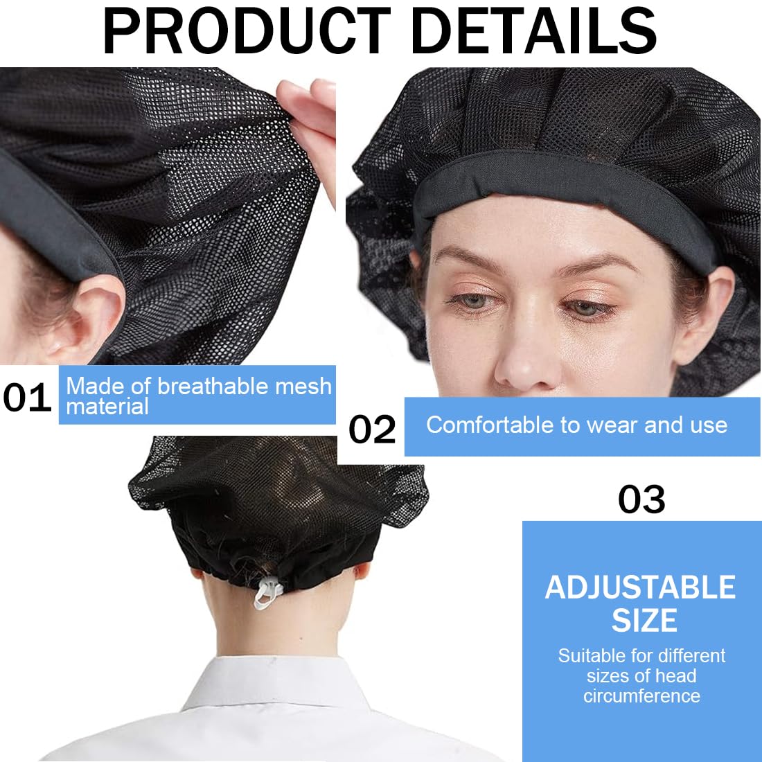 Cappello da Cuoco 4 PCS Cuffia Cucina Regolabile Retina per Capelli Riutilizzabile Berretto Ristorante Bianco e Nero