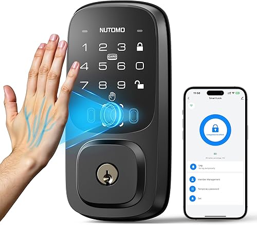 NUTOMO Palm Vein Smart Lock Cerraduras de puerta de entrada sin llave con teclado WiFi integrado, cerrojo digital electrónico con control remoto APP