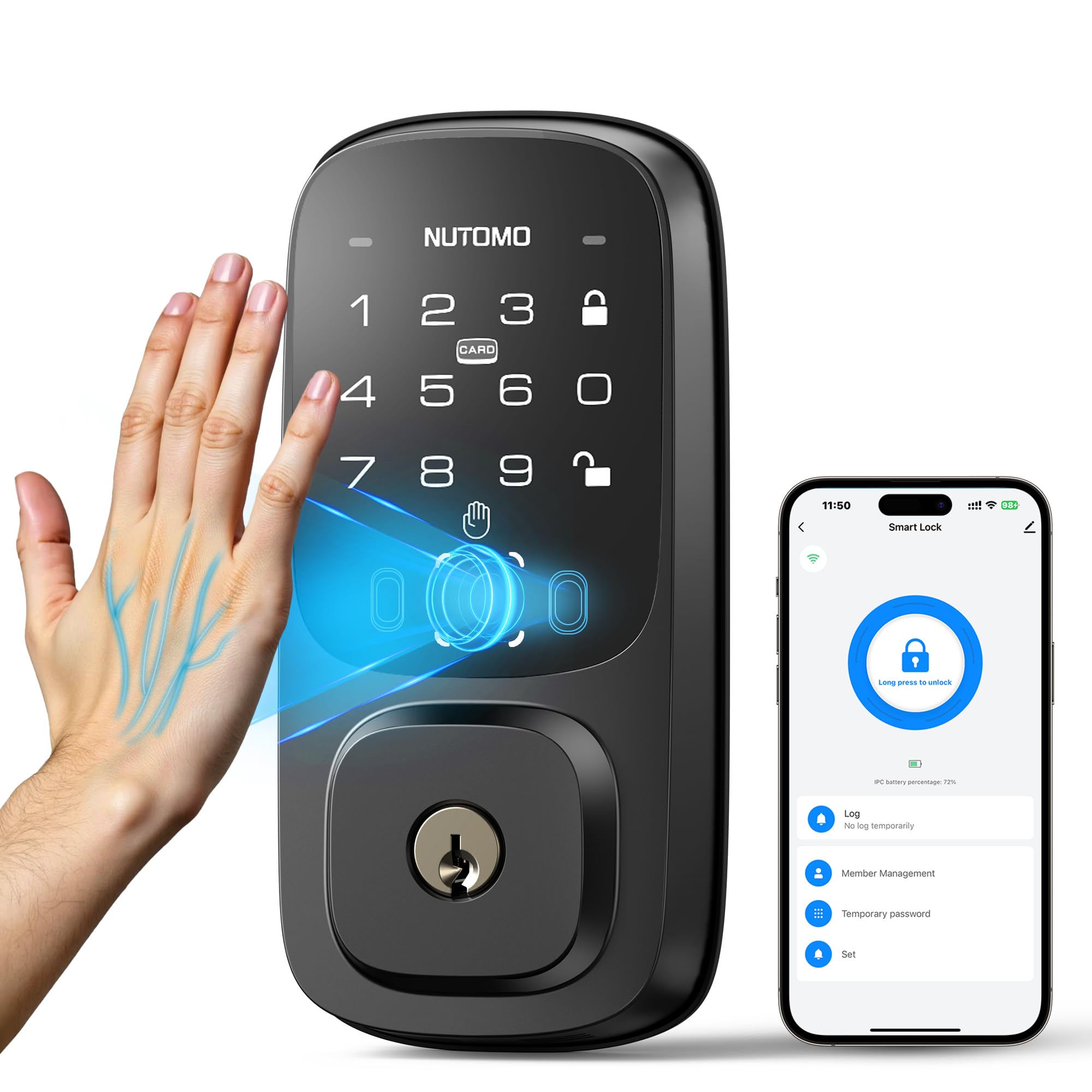 NUTOMO Palm Vein Serrure intelligente : serrures de porte d'entrée sans clé, clavier WiFi intégré, pêne dormant numérique électronique avec télécommande pour support à domicile, Alexa/batterie