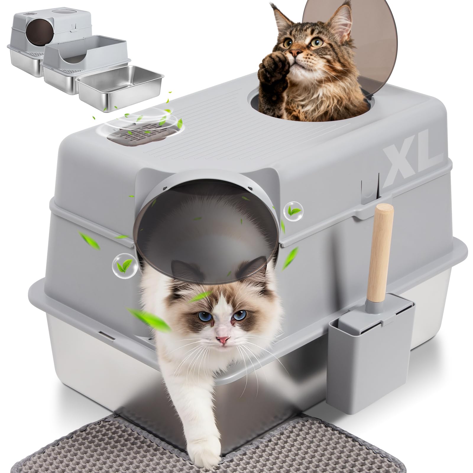 Enclosed Stainless Steel Cat Litter Box with Lid, XL Large Metal Litter Box Stainless Steel, Odor-Free/Anti-Leakage & Non-Stick/Easy Clean, High Sided Litter Box with Mat & Scoop for Big Cats