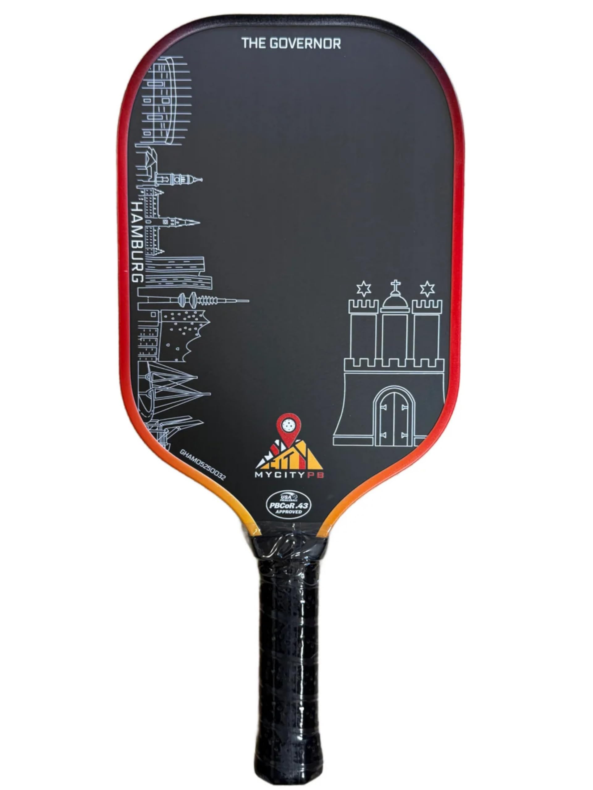 Pickleball The Governor Hambourg Raquette de pickleball certifiée USAP 42 x 18 cm, manche 14 cm, fibre de carbone brut + fibre de verre, 237-245 g, avec noyau en nid d'abeille 16 mm