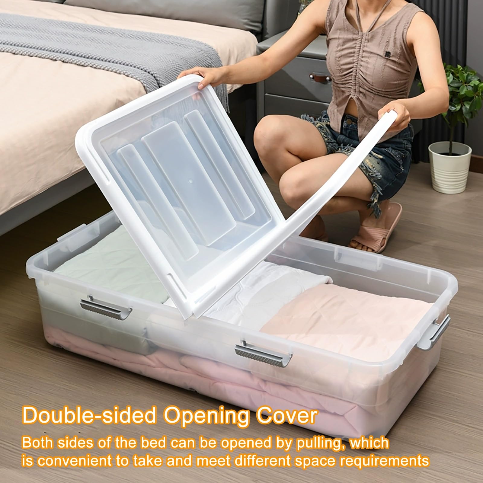 Contenitori Portaoggetti in Plastica Sottoletto con Ruote, Contenitore Portaoggetti Sottoletto con Coperchio, Scatola Trasparente con Chiusura per Scarpe, Coperte, Vestiti, Piumone(100x50x19cm)