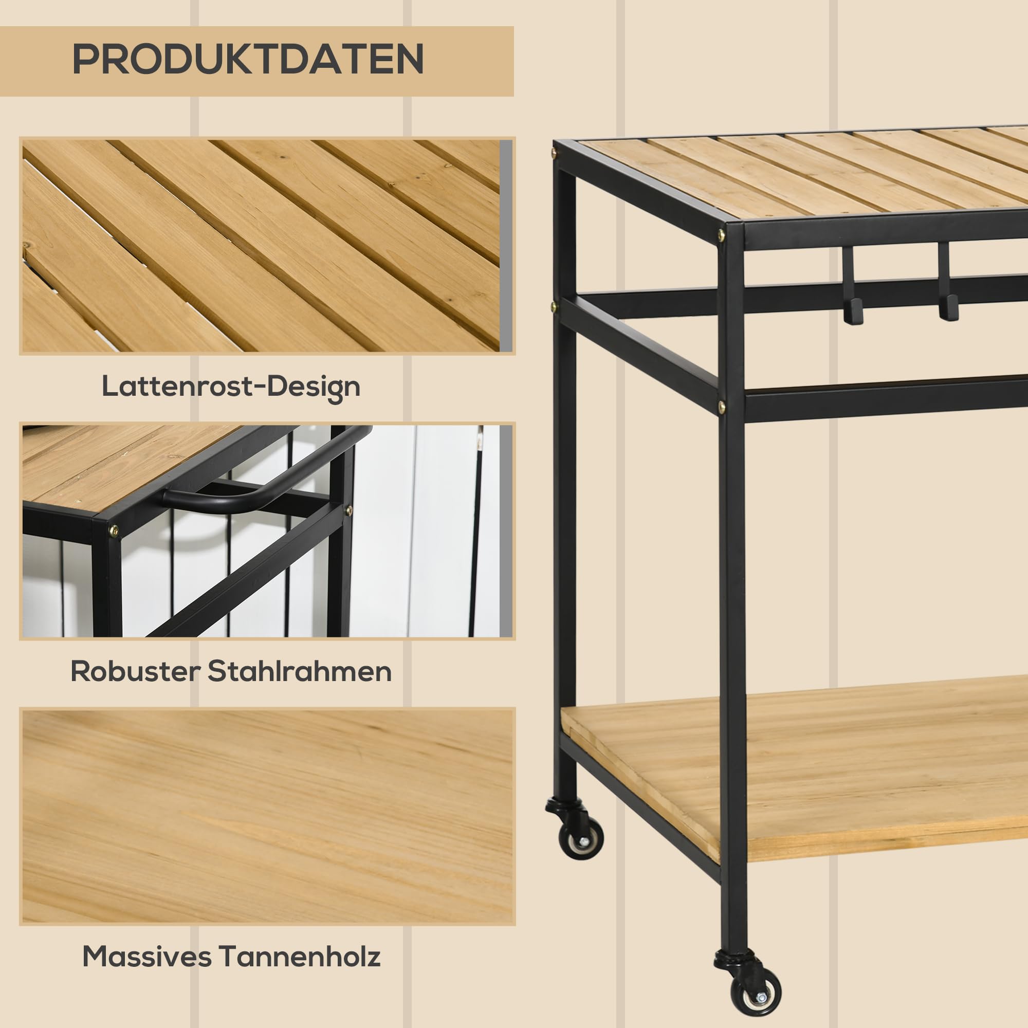 Outsunny Servierwagen, Gartenrollwagen mit Haken, Barbecue Trolley mit 2 Regalen, Outdoor Multifunktionstisch mit Rollen, für Garten, Balkon, 107 x 65 x 80cm, Natur