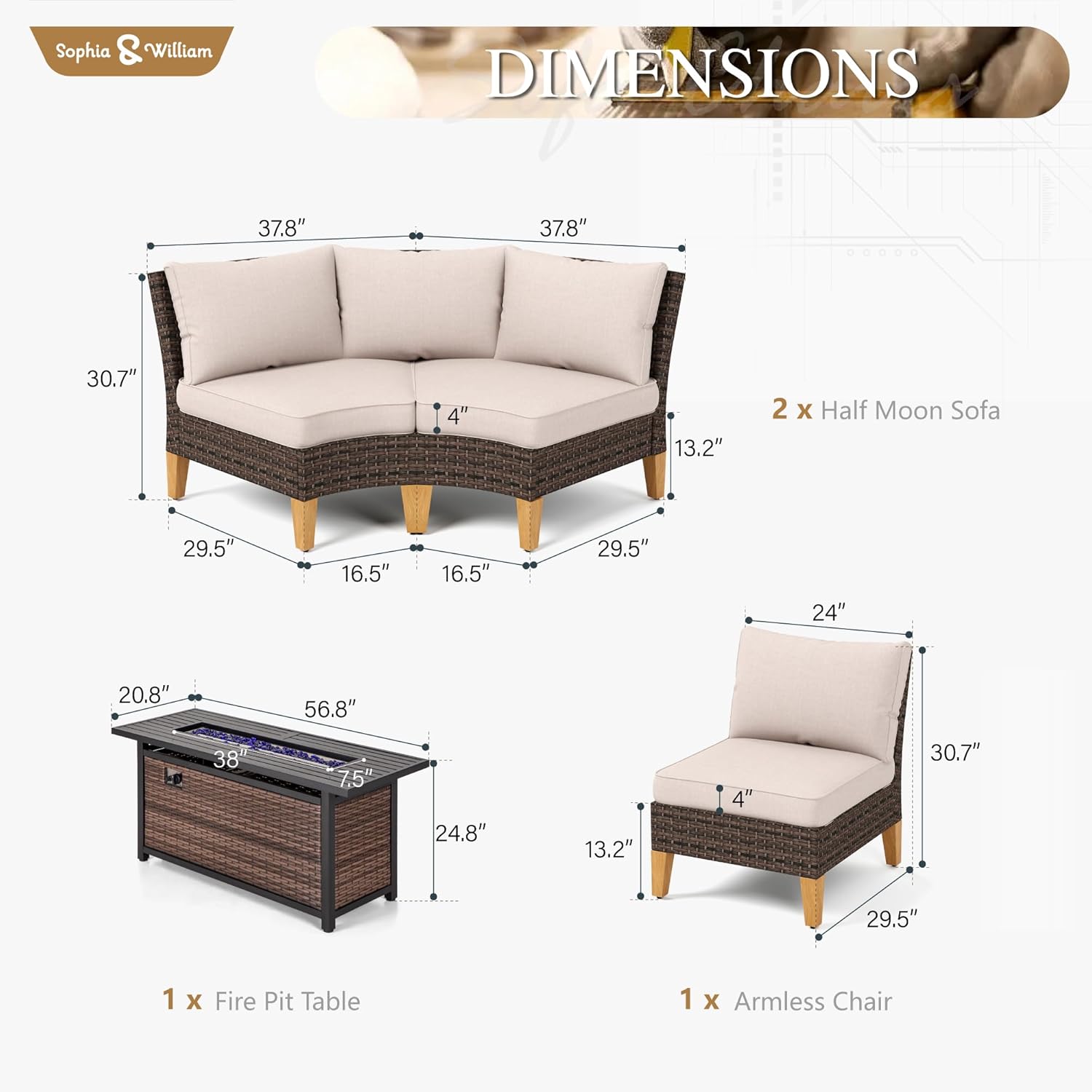 Sophia & William Patio Furniture Set with Fire Pit Table, 6 Piece Half Moon Outdoor Wicker Sectional Sofa Set, Rattan Conversation Set with 56-Inch Fire Pit Table for Backyard, Deck, Pool(Beige)