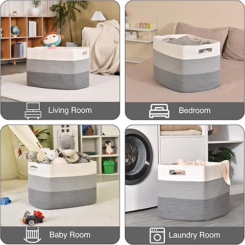 Miniatura 37 de Cesta grande para manta para sala de estar, canasta de almacenamiento rectangular, canasta grande para mantas, cestas de cuerda de algodón tejida